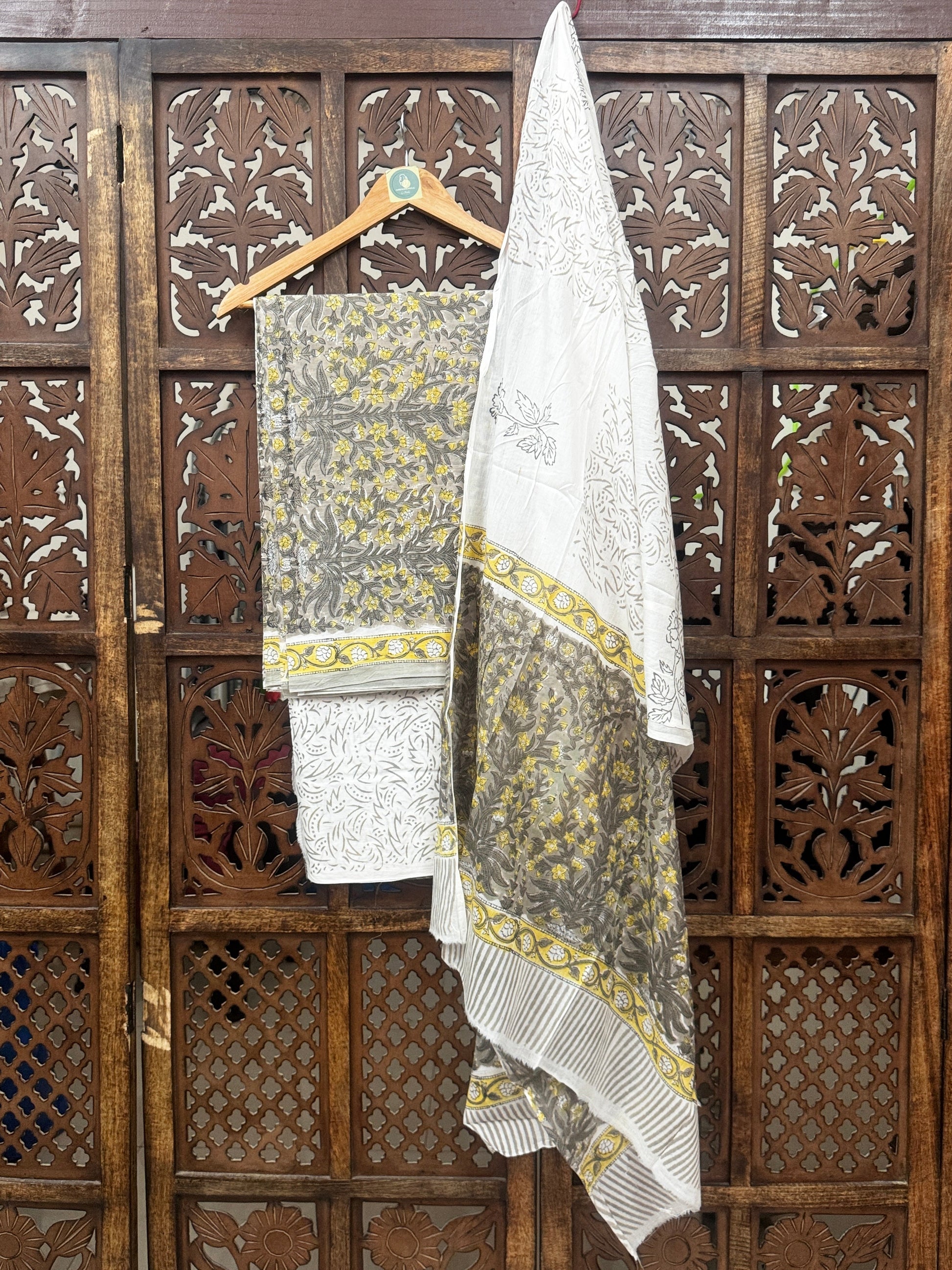 Earthy Sage & Mustard Handblock Printed Cotton Unstitched Suit Set (3-Piece) HANDMADEAHOLIC BY MISHKA