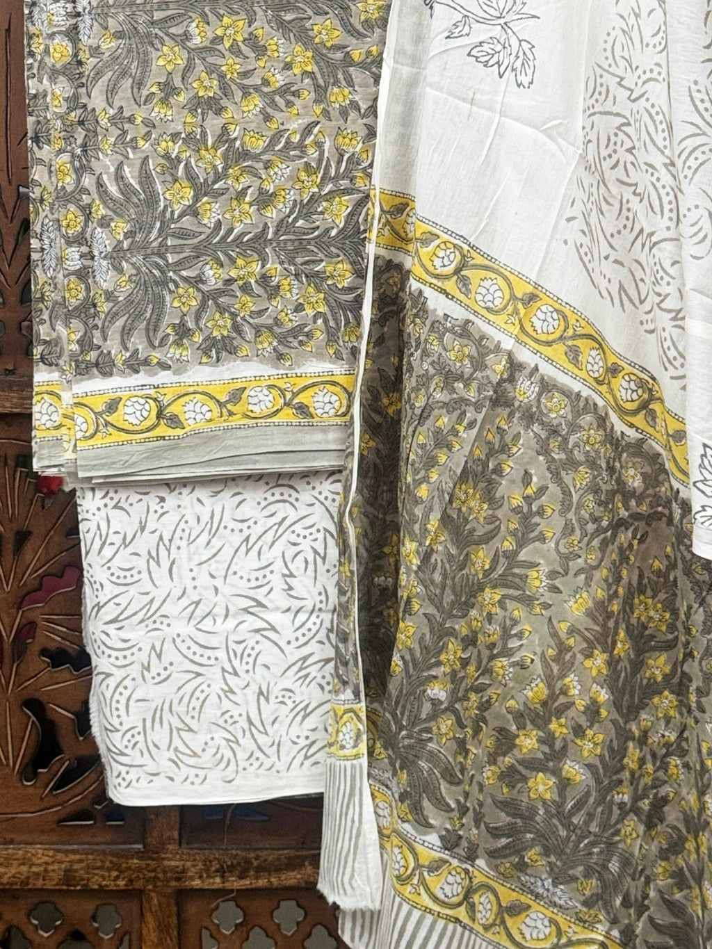 Earthy Sage & Mustard Handblock Printed Cotton Unstitched Suit Set (3-Piece) HANDMADEAHOLIC BY MISHKA