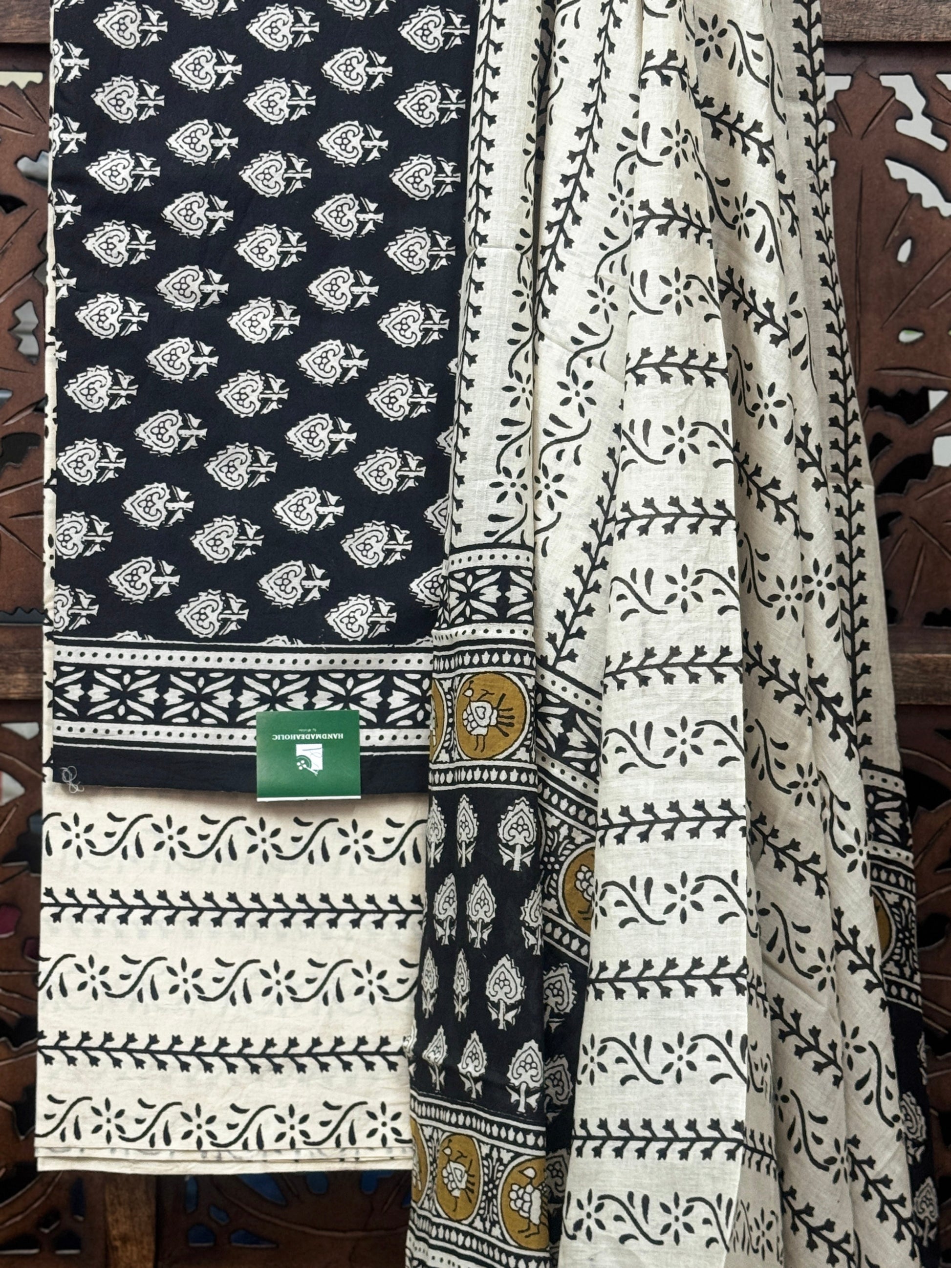 Artisanal Monochrome: Handblock Printed Pure Cotton Unstitched Suit Set HANDMADEAHOLIC BY MISHKA