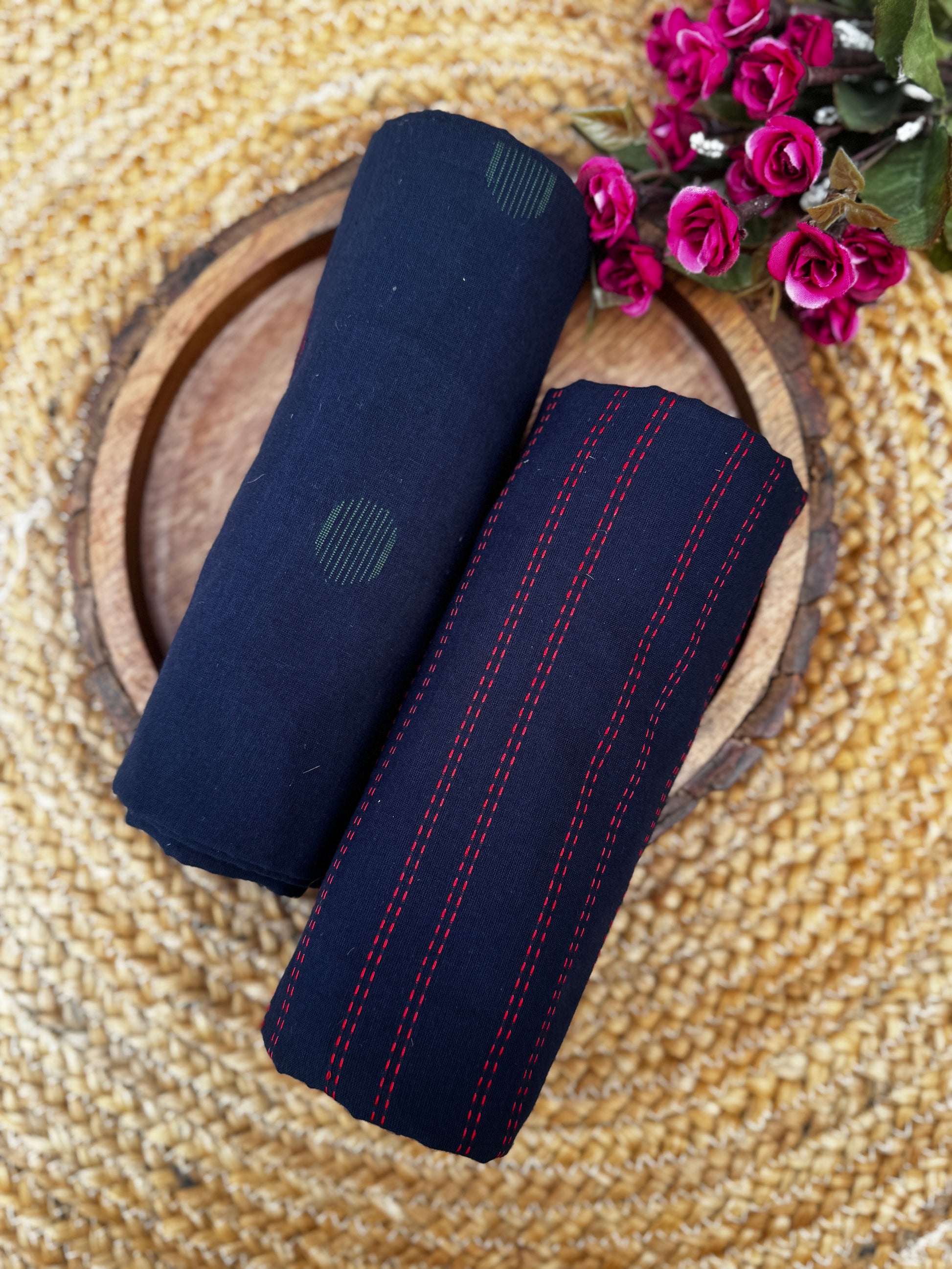 Midnight Indigo & Crimson: Handloom Cotton Unstitched Fabric with Circular Buttis and Kantha-Style Stripes HANDMADEAHOLIC BY MISHKA