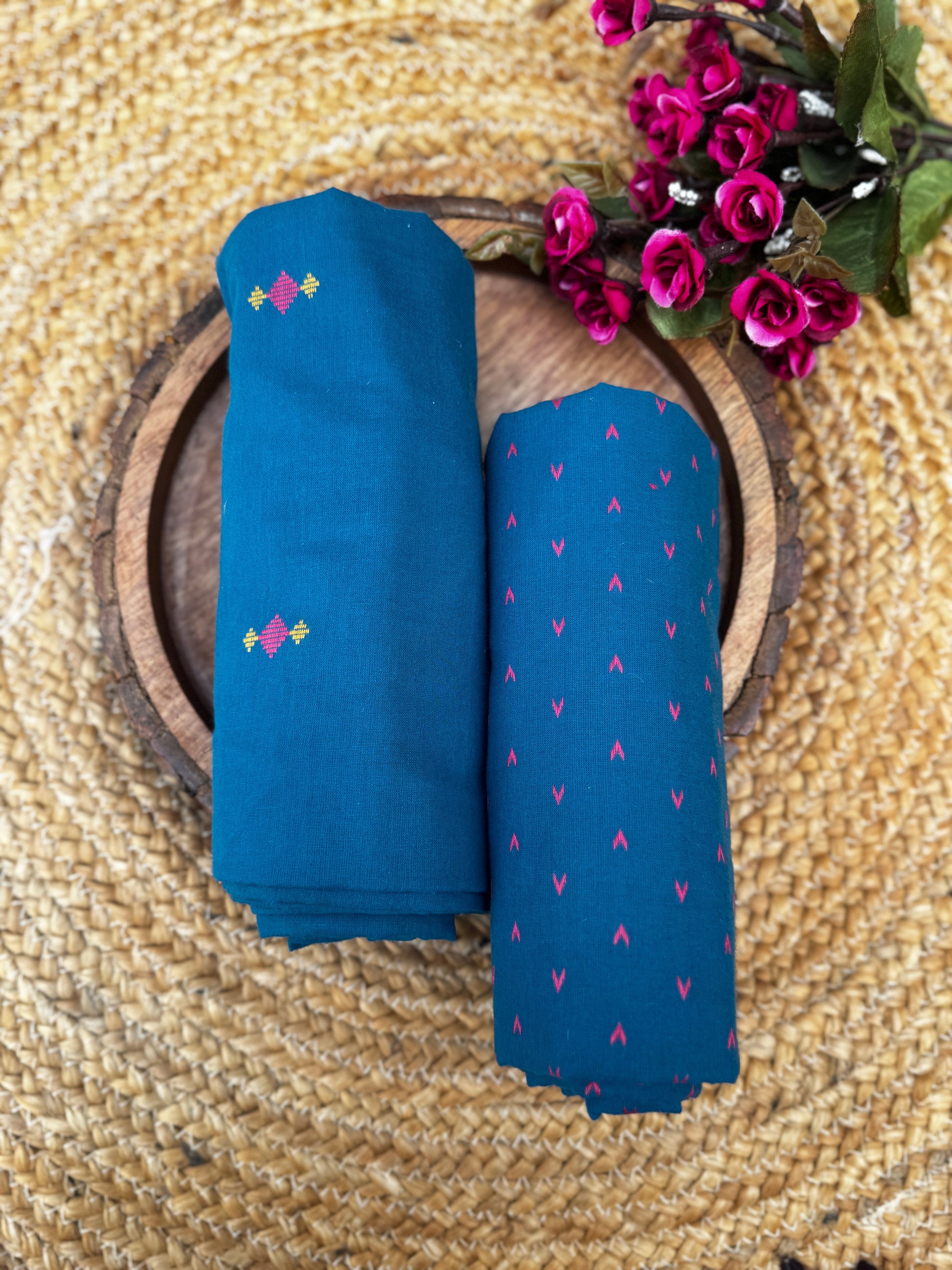 Teal Bloom Handloom Cotton Unstitched Fabric with Minimalist Butti & Stripe Detailing HANDMADEAHOLIC BY MISHKA