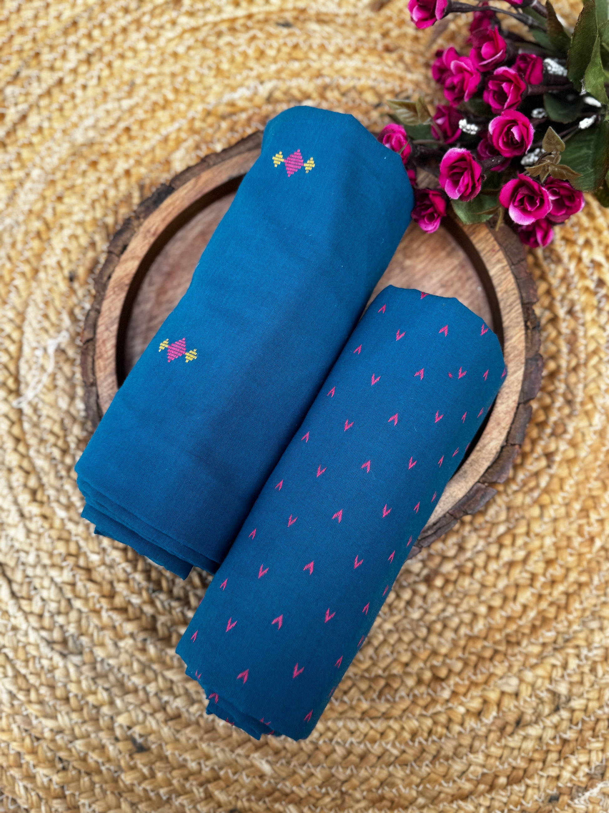 Teal Bloom Handloom Cotton Unstitched Fabric with Minimalist Butti & Stripe Detailing HANDMADEAHOLIC BY MISHKA