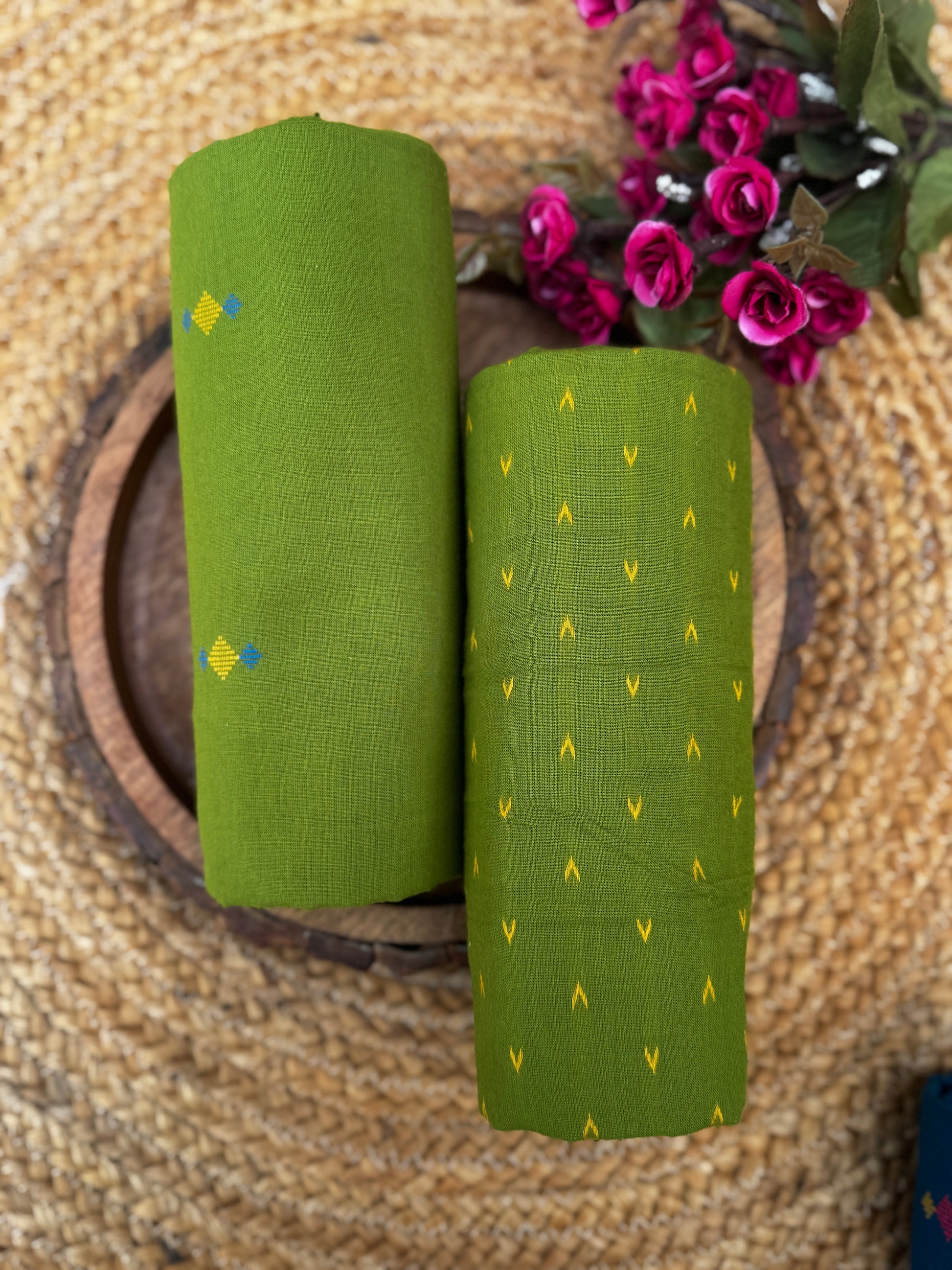 Olive Green Handloom Cotton Unstitched Fabric with Minimalist Butti & Stripe Detailing HANDMADEAHOLIC BY MISHKA