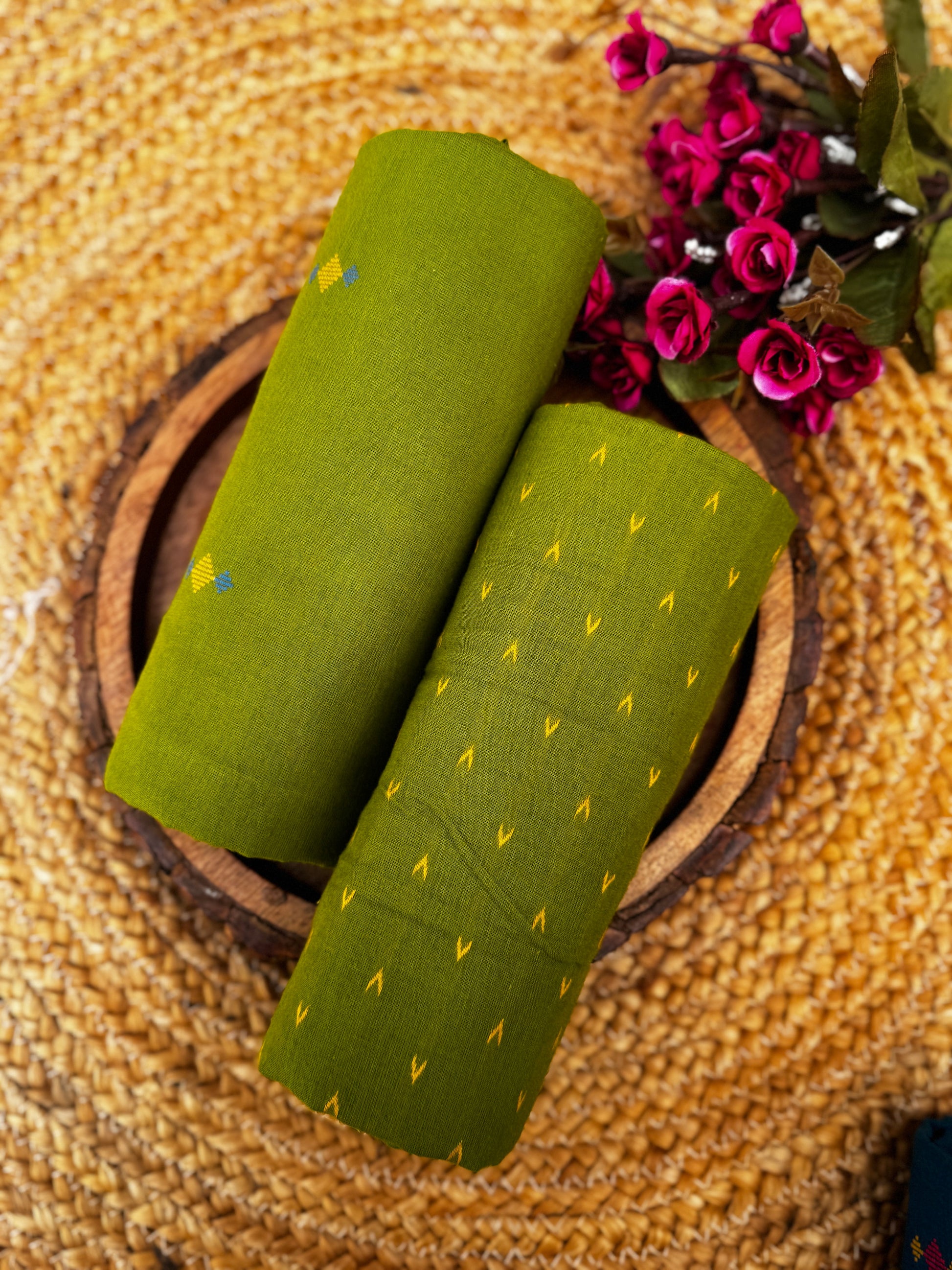 Olive Green Handloom Cotton Unstitched Fabric with Minimalist Butti & Stripe Detailing HANDMADEAHOLIC BY MISHKA