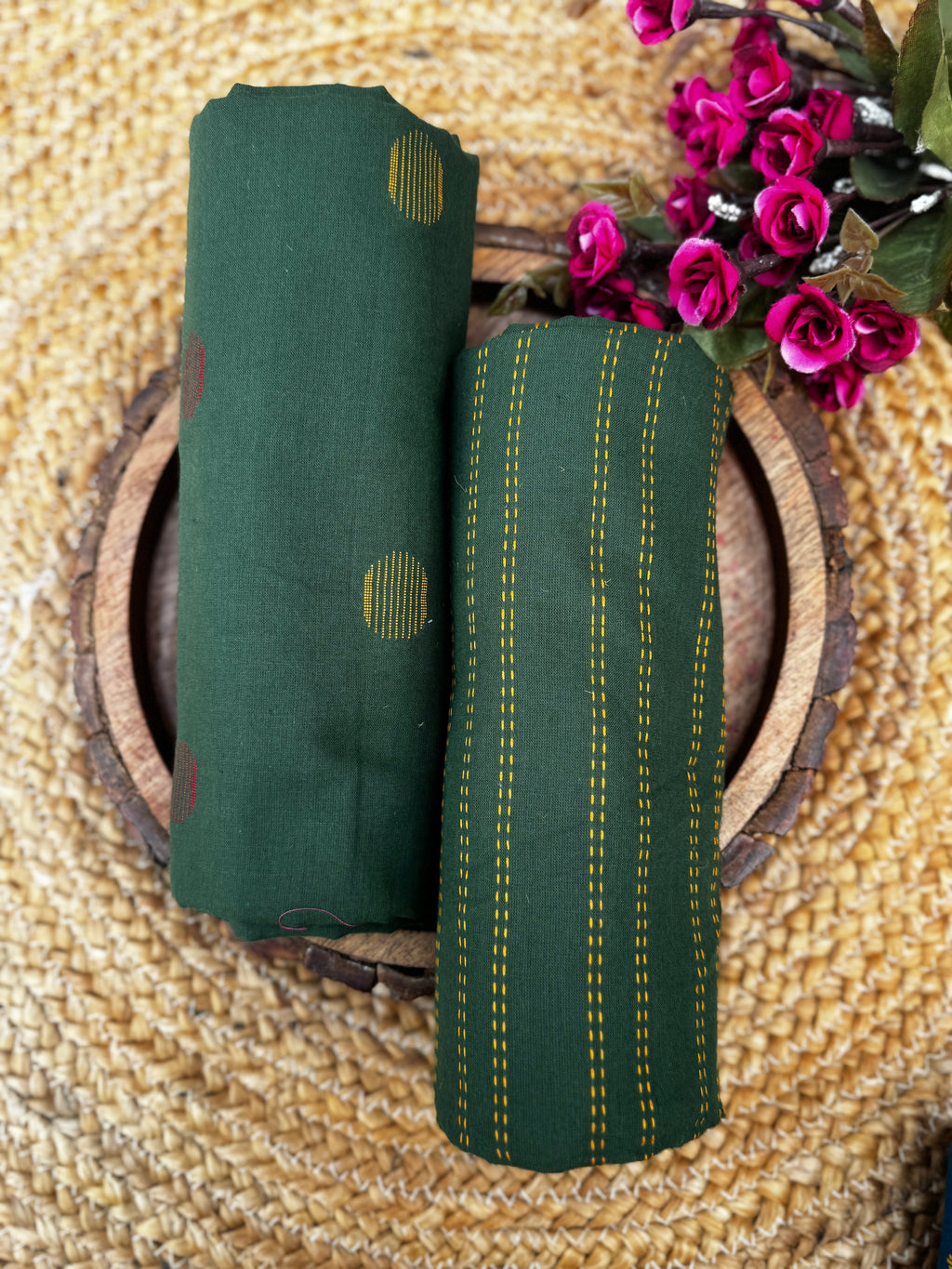 Emerald Earth Handloom Cotton Unstitched  Fabric with Circular Buttis and Kantha-Style Stripes HANDMADEAHOLIC BY MISHKA