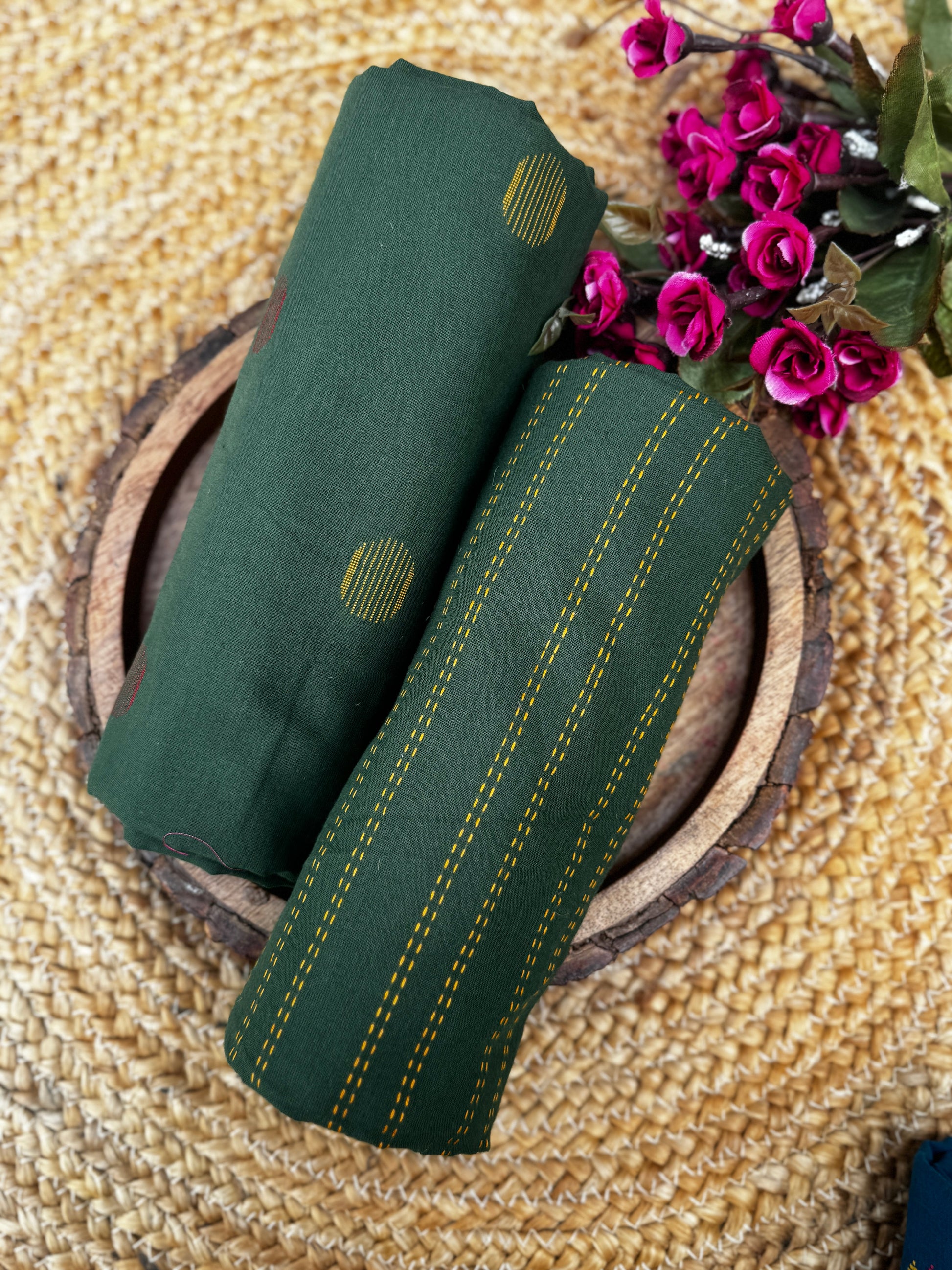 Emerald Earth Handloom Cotton Unstitched  Fabric with Circular Buttis and Kantha-Style Stripes HANDMADEAHOLIC BY MISHKA