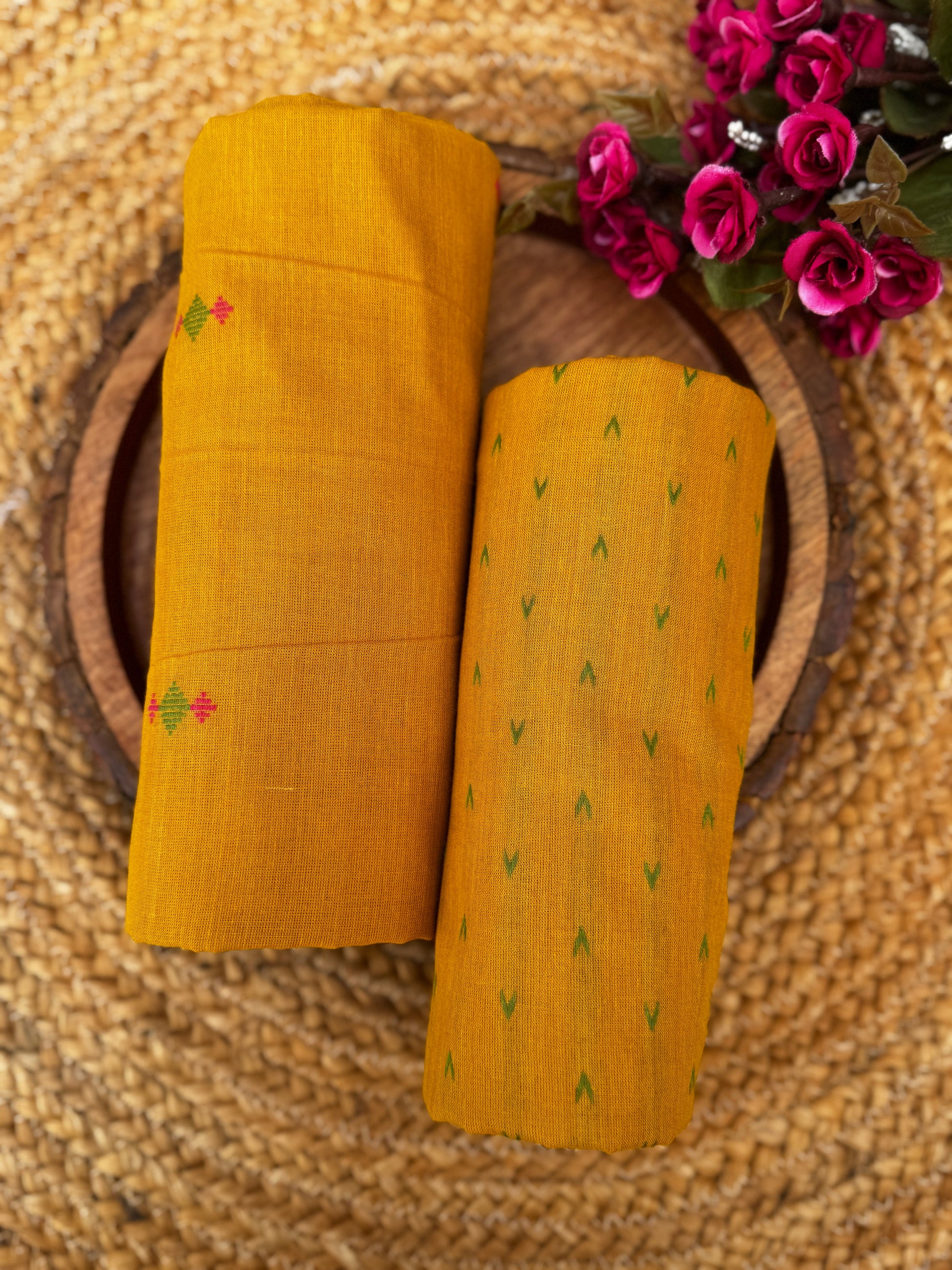 Sun-Kissed Mustard Handloom Cotton Unstitched Fabric with Minimalist Butti & Stripe Detailing HANDMADEAHOLIC BY MISHKA