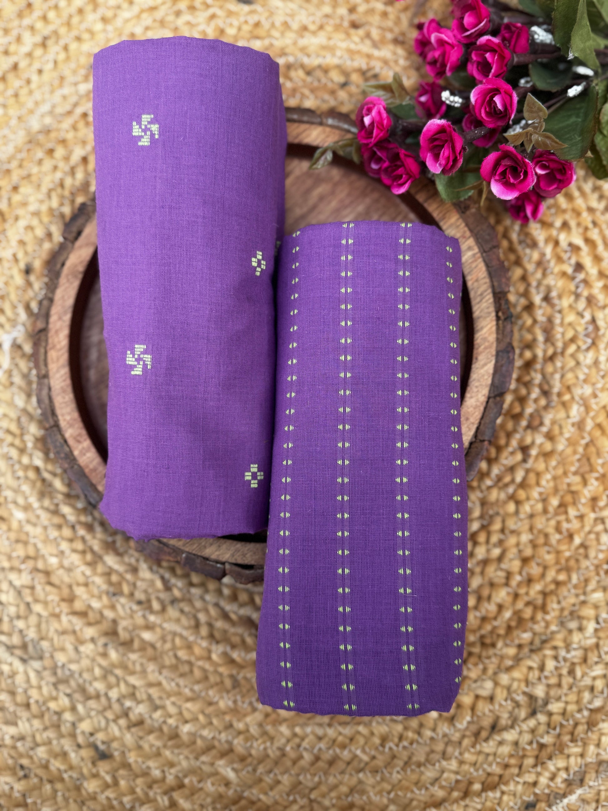 Royal Amethyst Hand-Woven Cotton Unstitched Fabric with Minimalist Butti & Stripe Detailing HANDMADEAHOLIC BY MISHKA