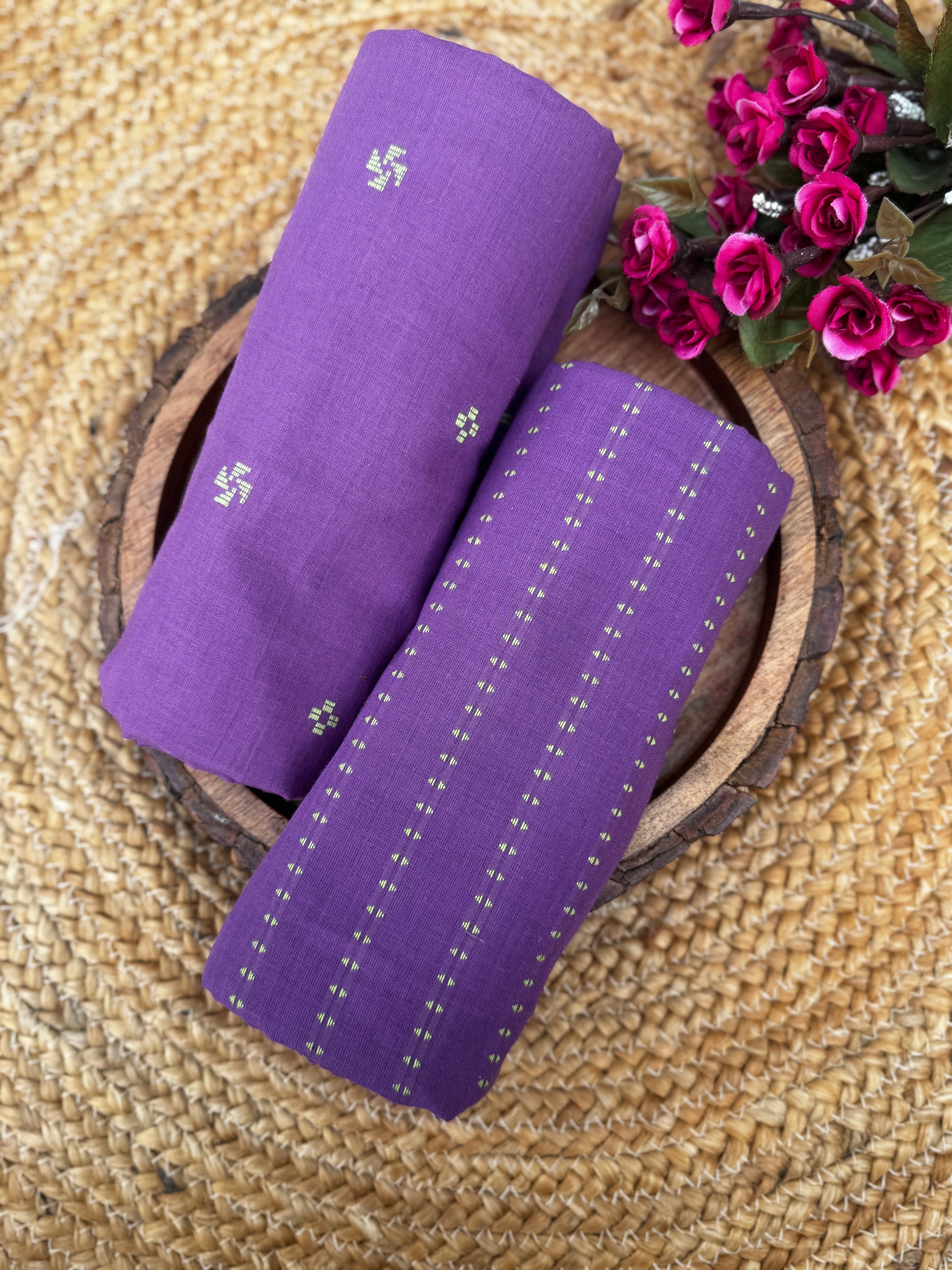 Royal Amethyst Hand-Woven Cotton Unstitched Fabric with Minimalist Butti & Stripe Detailing HANDMADEAHOLIC BY MISHKA