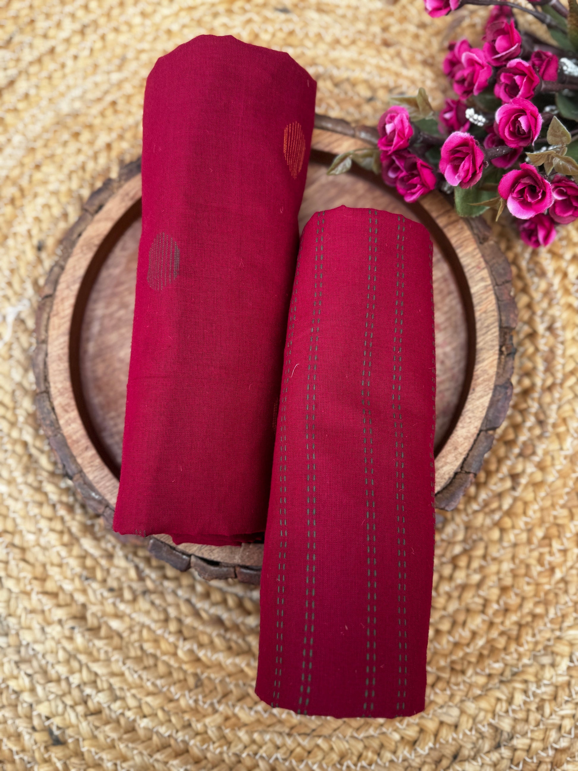 Crimson Heritage Handloom Cotton t Unstitched  Fabric with Circular Buttis and Kantha-Style Stripes HANDMADEAHOLIC BY MISHKA