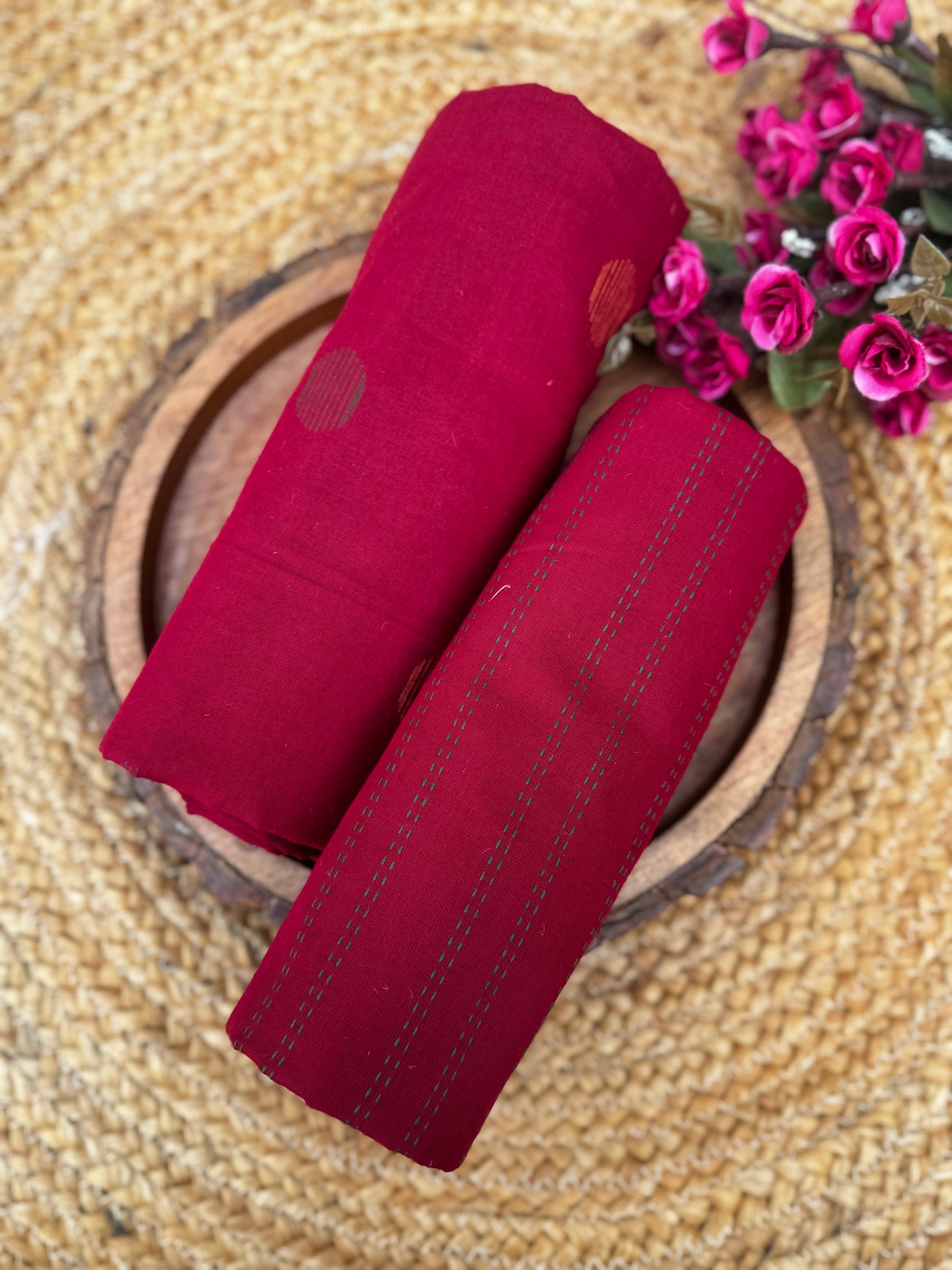 Crimson Heritage Handloom Cotton t Unstitched  Fabric with Circular Buttis and Kantha-Style Stripes HANDMADEAHOLIC BY MISHKA