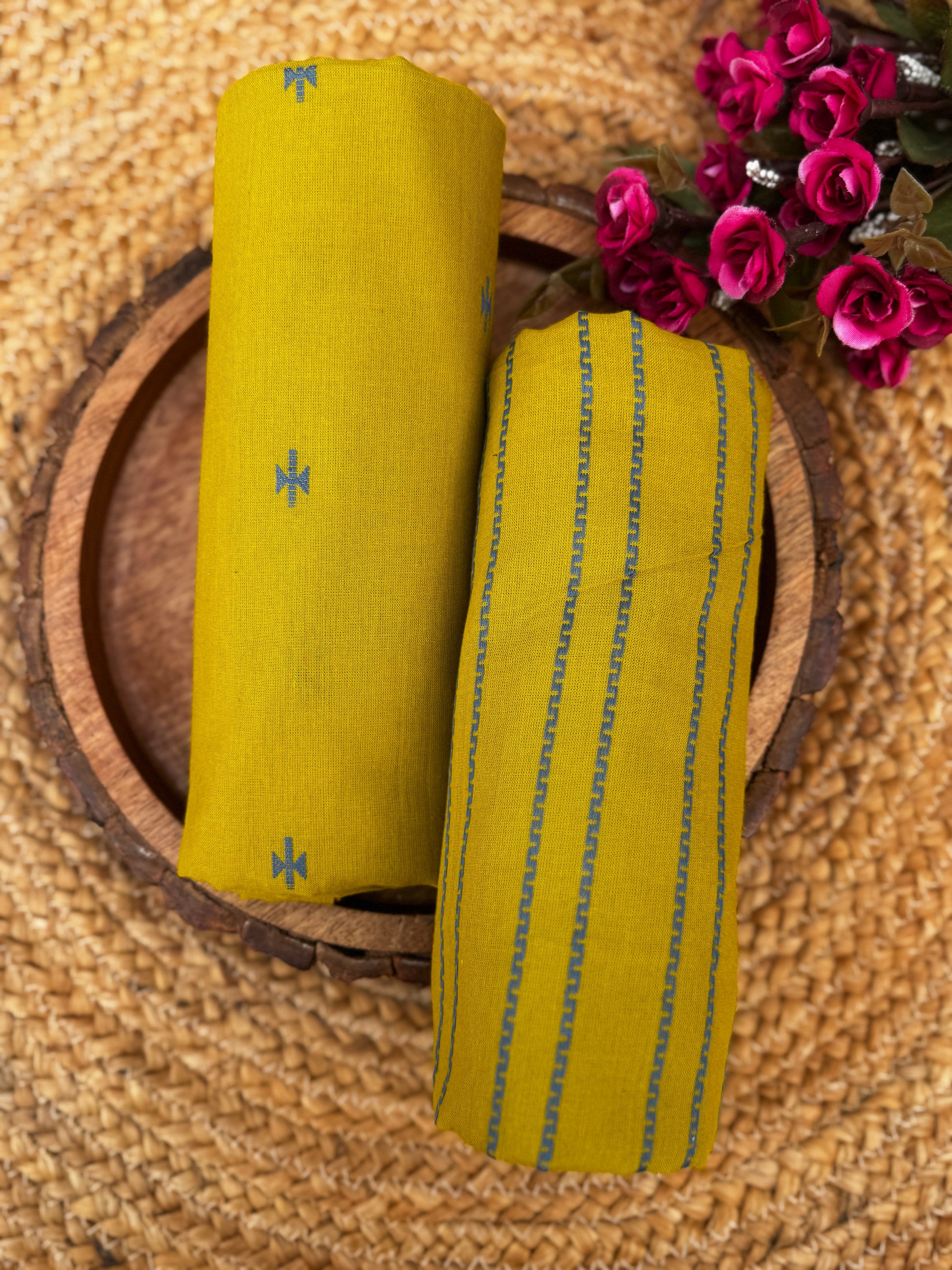 Sun-Drenched Saffron: Handloom Cotton Unstitched Fabric with Minimalist Butti & Stripe Detailing HANDMADEAHOLIC BY MISHKA