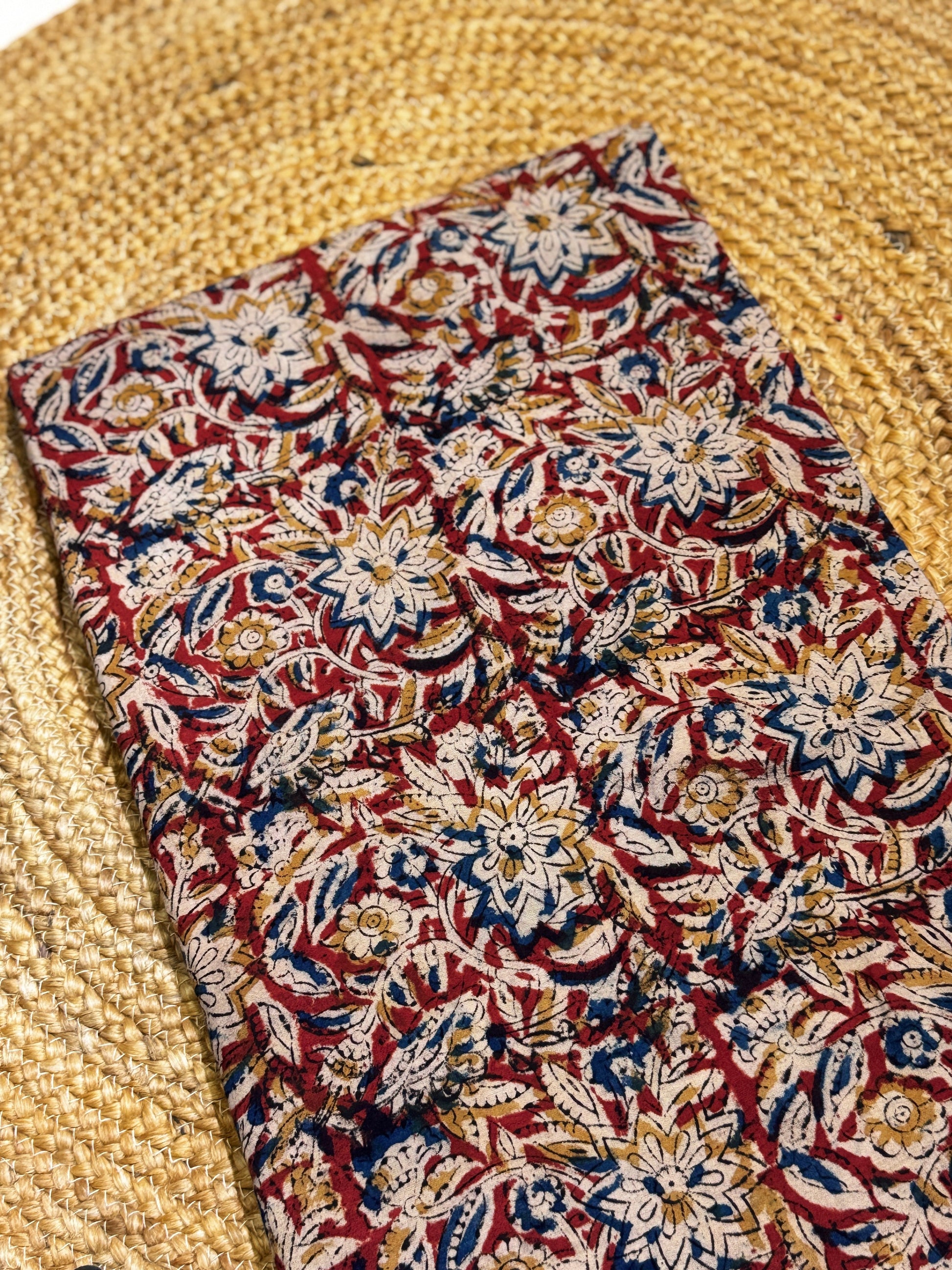 Heritage Handblock Kalamkari Cotton Fabric – Earthy Floral Jaal in Madder Red & Indigo HANDMADEAHOLIC BY MISHKA