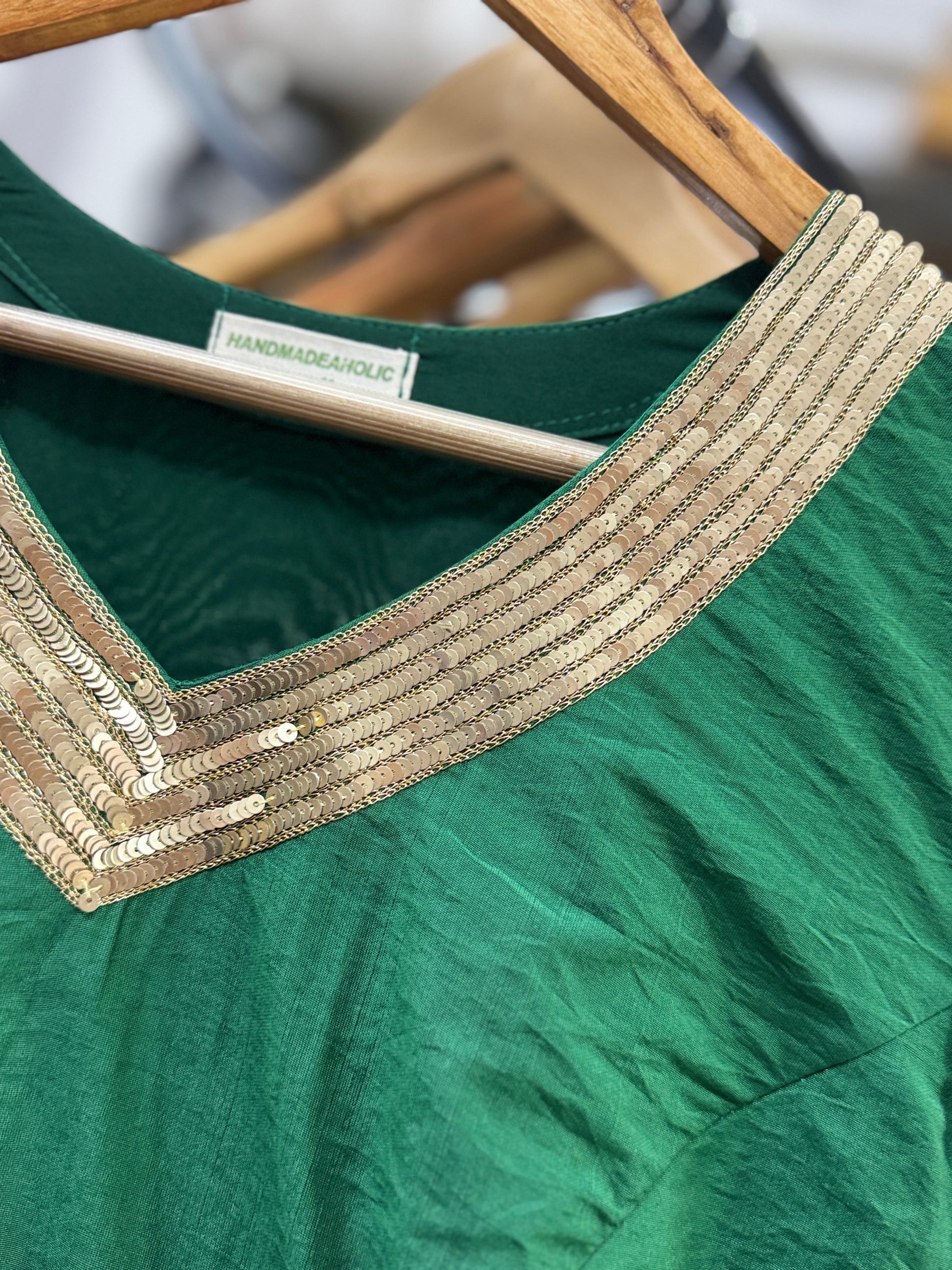 Emerald Muse Chanderi Anarkali Set – Hand-Embellished V-Neck Kurta with Net Dupatta & Trousers HANDMADEAHOLIC BY MISHKA