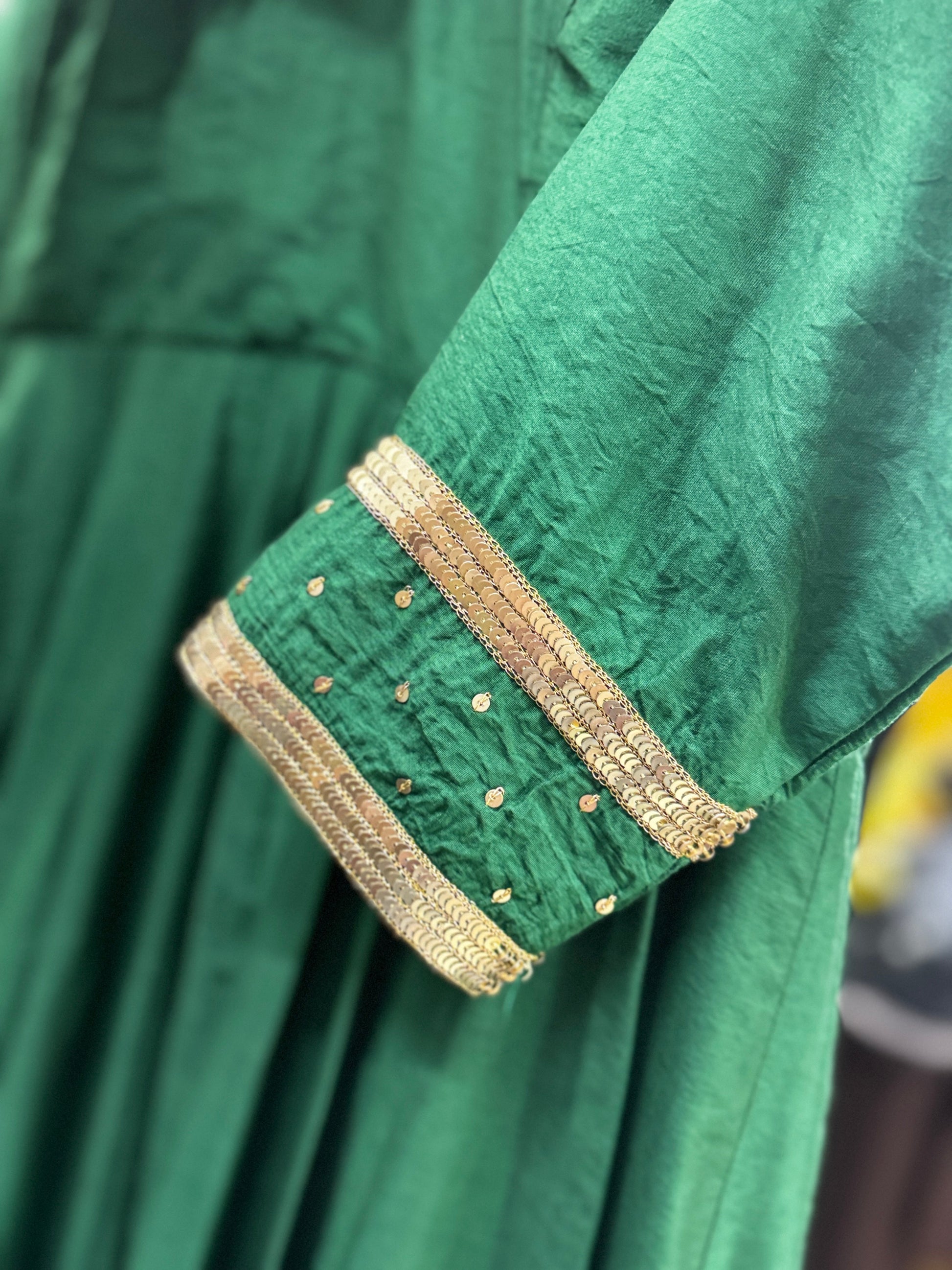 Emerald Muse Chanderi Anarkali Set – Hand-Embellished V-Neck Kurta with Net Dupatta & Trousers HANDMADEAHOLIC BY MISHKA