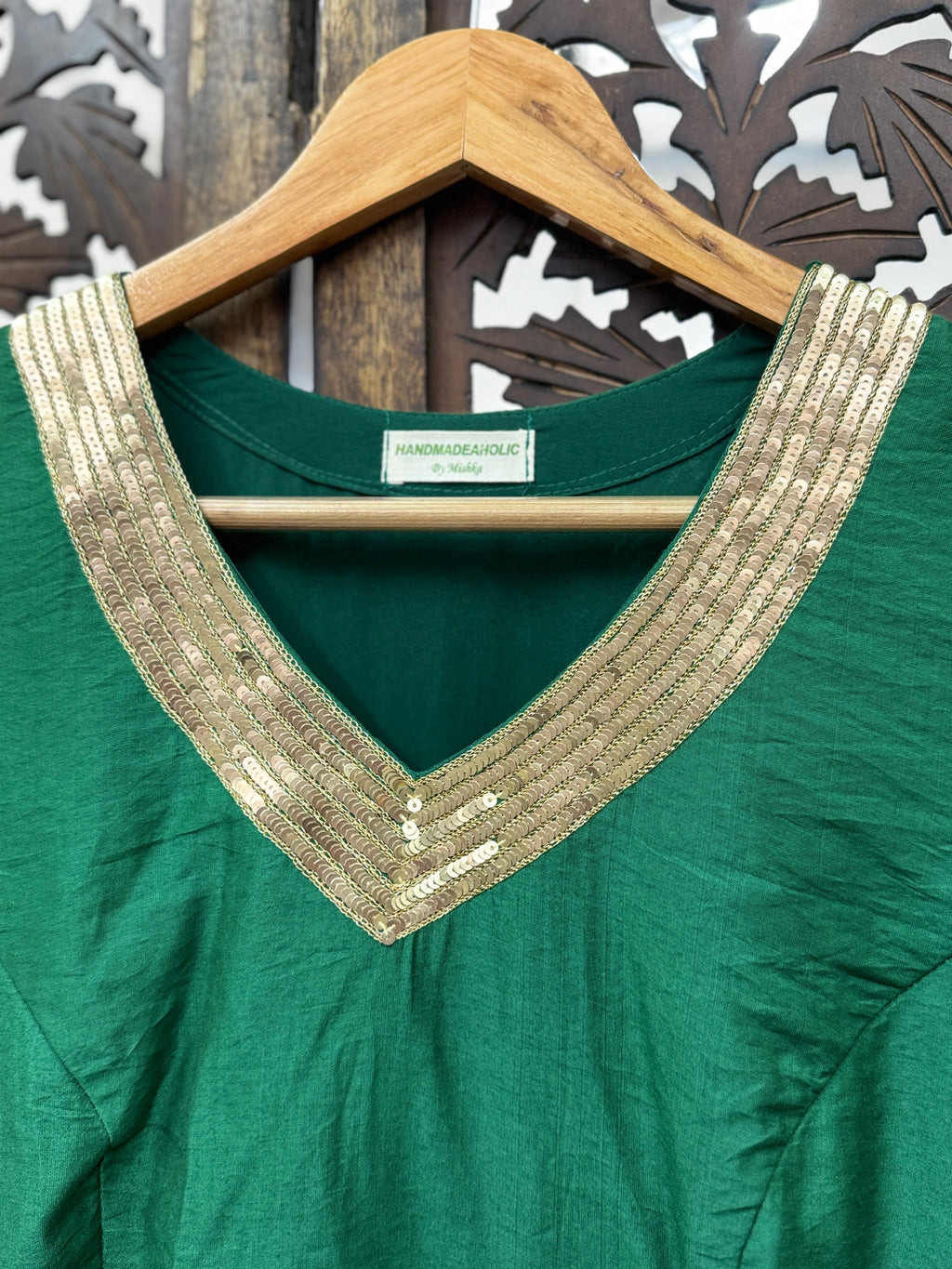 Emerald Muse Chanderi Anarkali Set – Hand-Embellished V-Neck Kurta with Net Dupatta & Trousers HANDMADEAHOLIC BY MISHKA