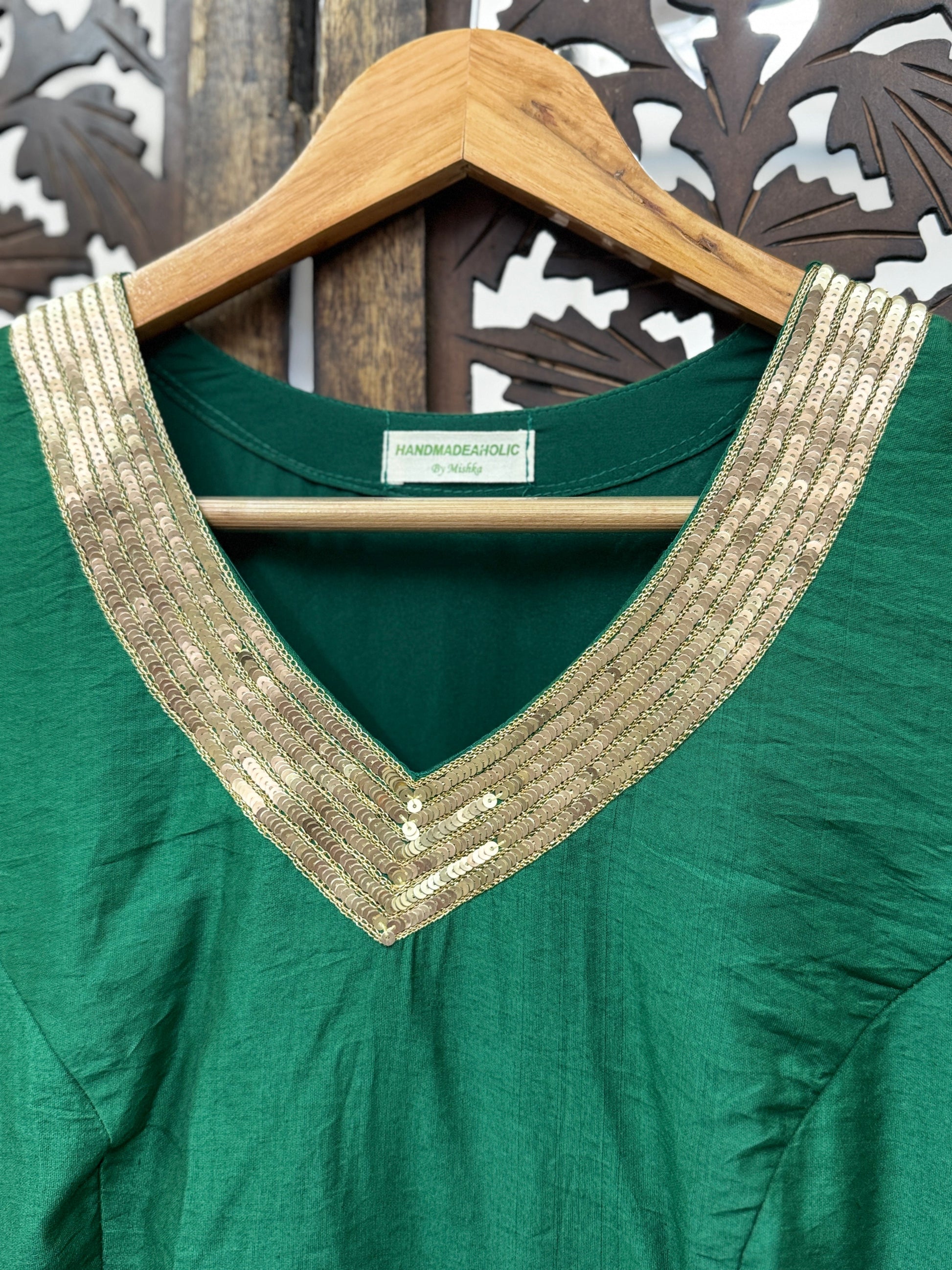 Emerald Muse Chanderi Anarkali Set – Hand-Embellished V-Neck Kurta with Net Dupatta & Trousers HANDMADEAHOLIC BY MISHKA