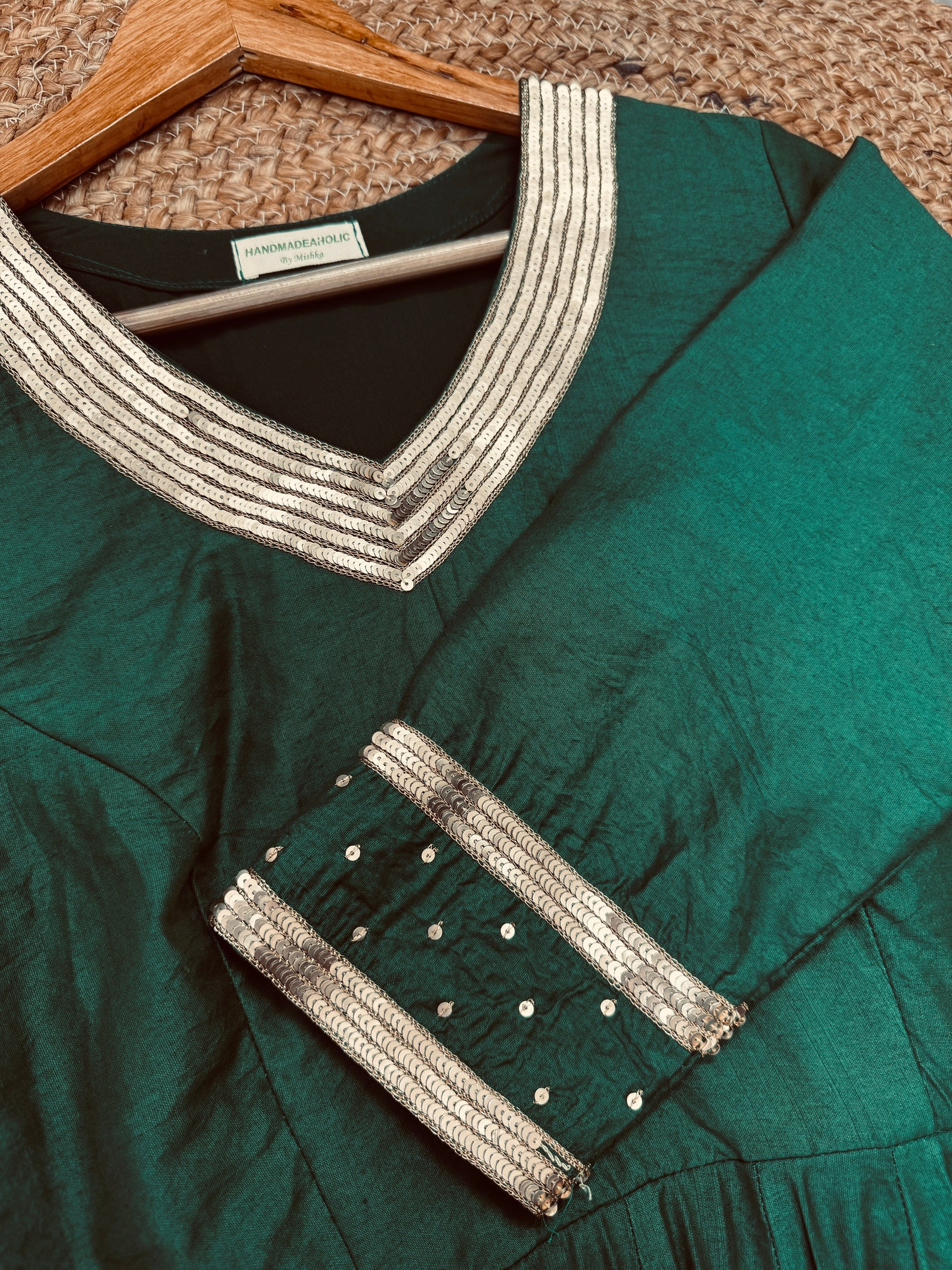 Emerald Muse Chanderi Anarkali Set – Hand-Embellished V-Neck Kurta with Net Dupatta & Trousers HANDMADEAHOLIC BY MISHKA