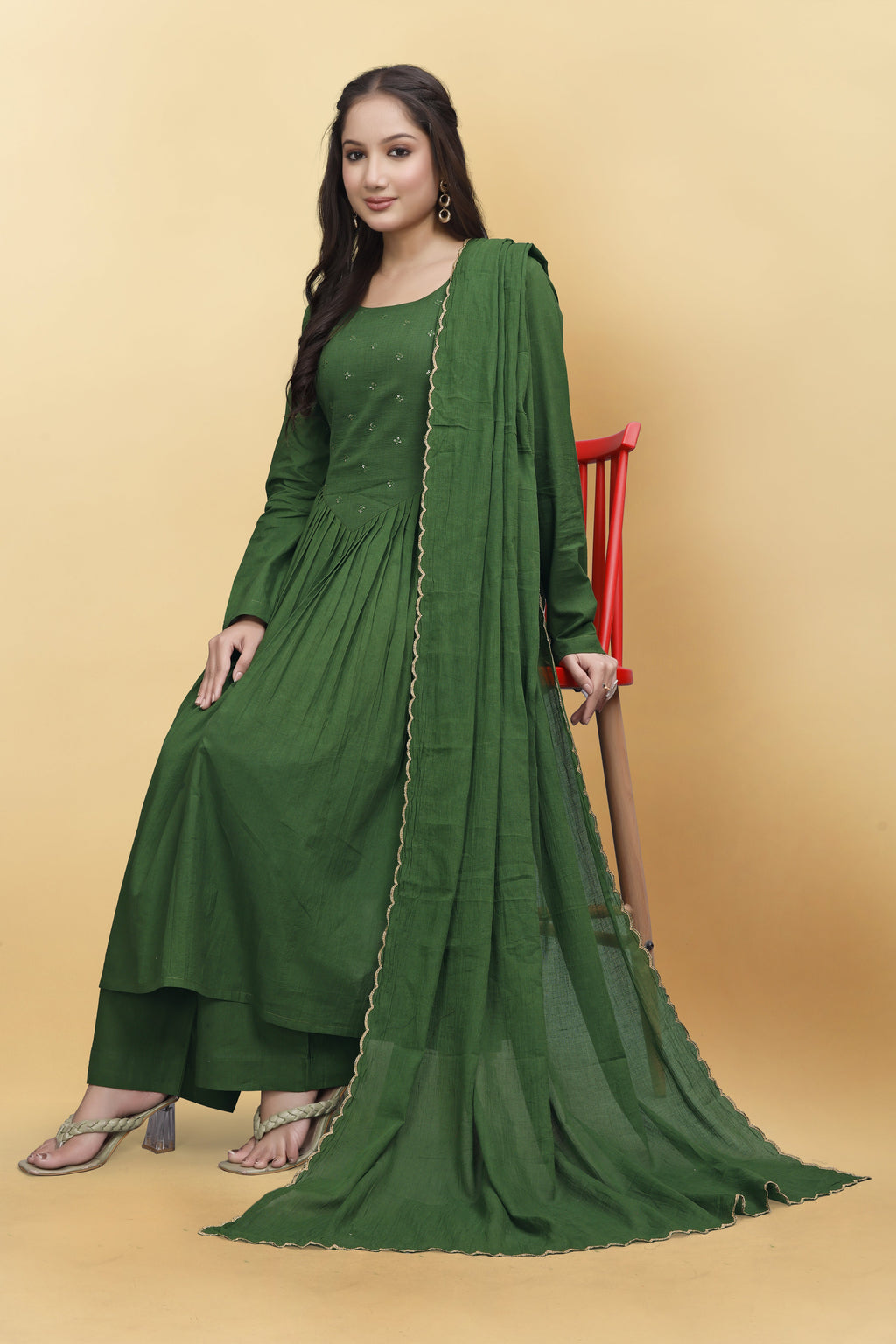 GREEN  MULMUL COTTON KURTA SET ( SET OF 3 ) HANDMADEAHOLIC BY MISHKA