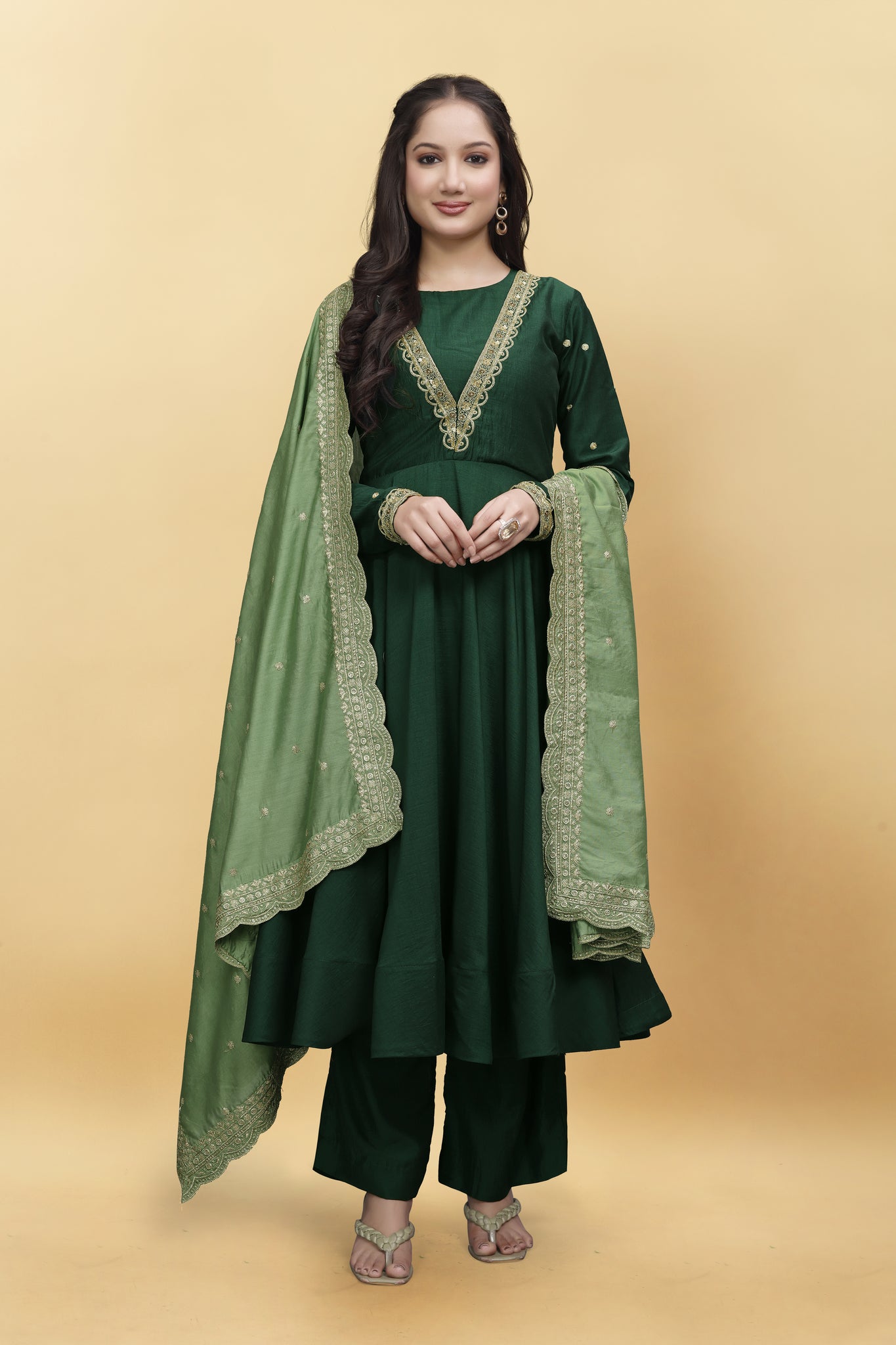 GREEN SILK ANARKALI HANDWORK SUIT