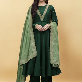 GREEN SILK ANARKALI HANDWORK SUIT