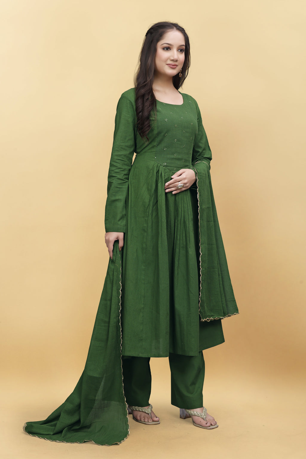 GREEN  MULMUL COTTON KURTA SET ( SET OF 3 ) HANDMADEAHOLIC BY MISHKA