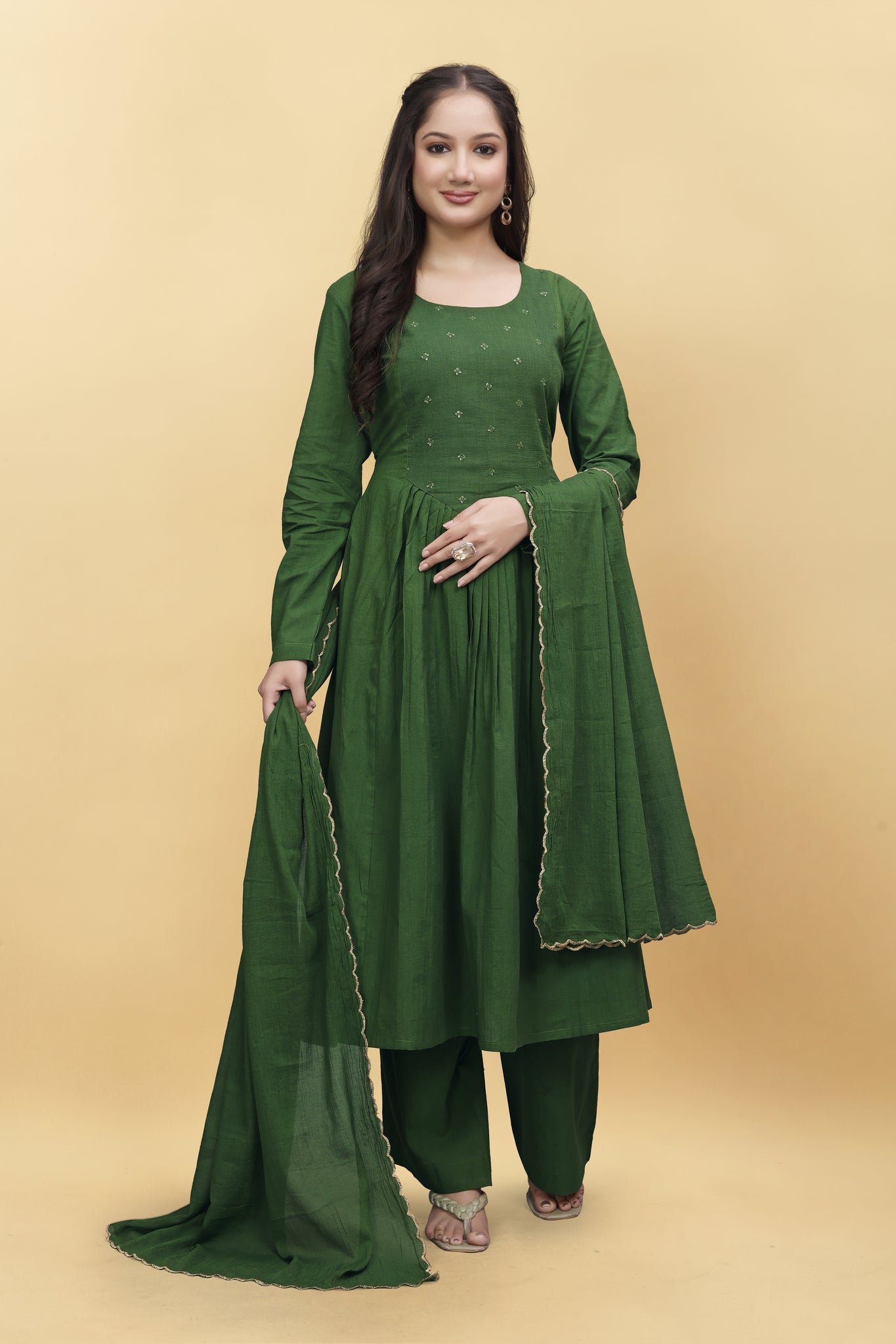 GREEN  MULMUL COTTON KURTA SET ( SET OF 3 )