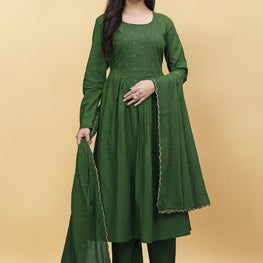 GREEN  MULMUL COTTON KURTA SET ( SET OF 3 )