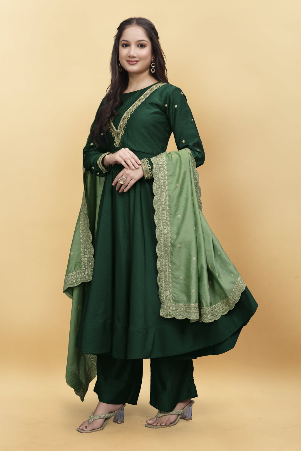 GREEN SILK ANARKALI HANDWORK SUIT HANDMADEAHOLIC BY MISHKA