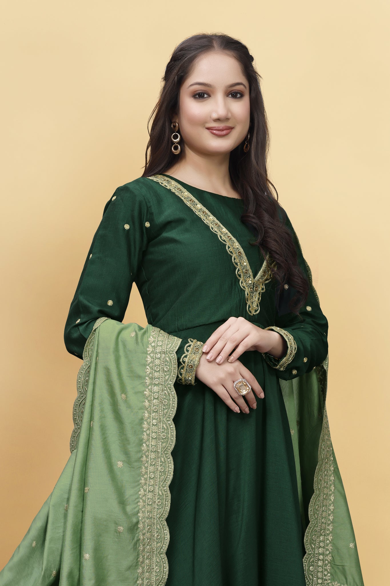 GREEN SILK ANARKALI HANDWORK SUIT