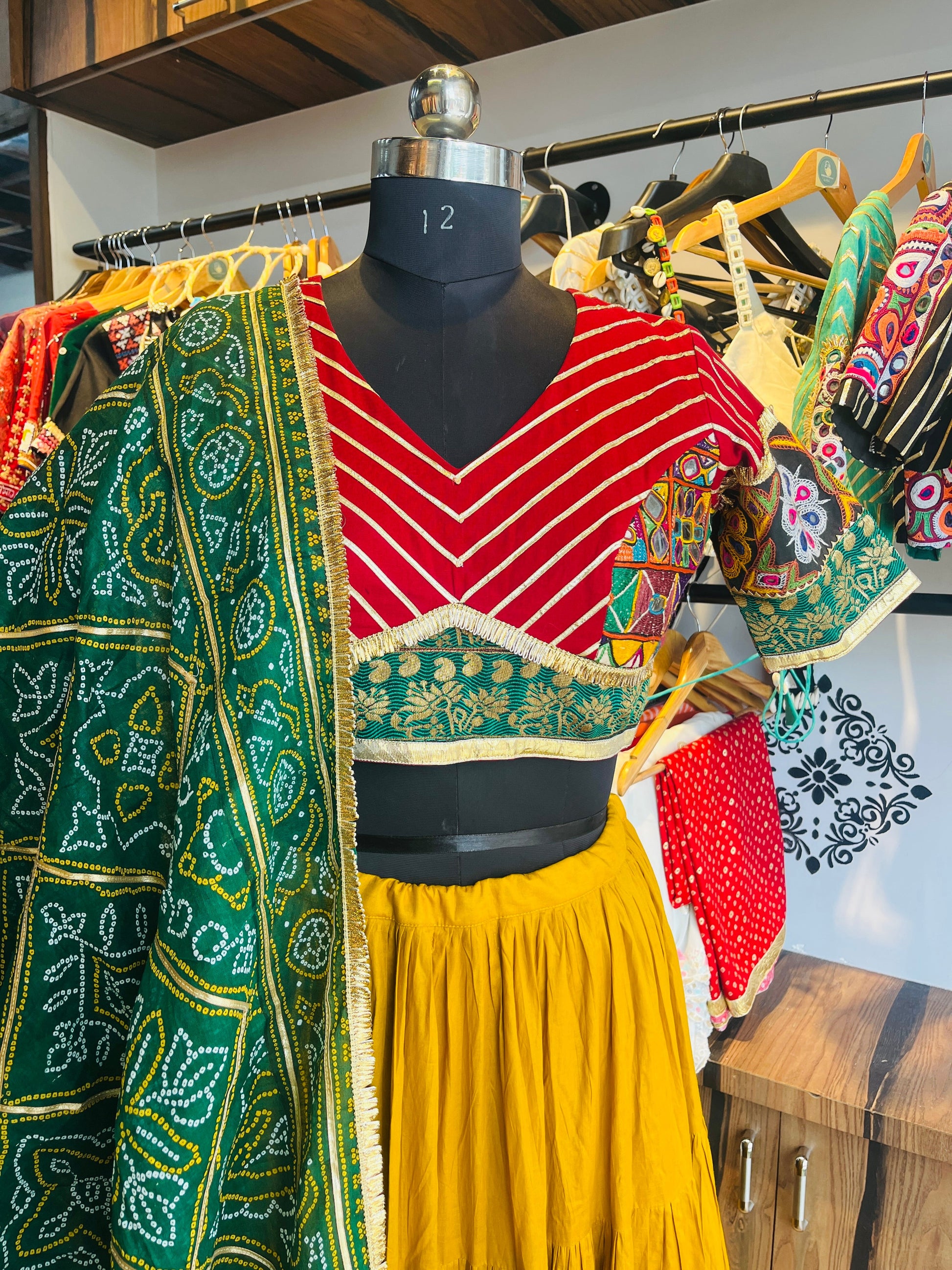 MAROON AND MUSTARD, GREEN BANDHANI CHANIYA CHOLI HANDMADEAHOLIC BY MISHKA