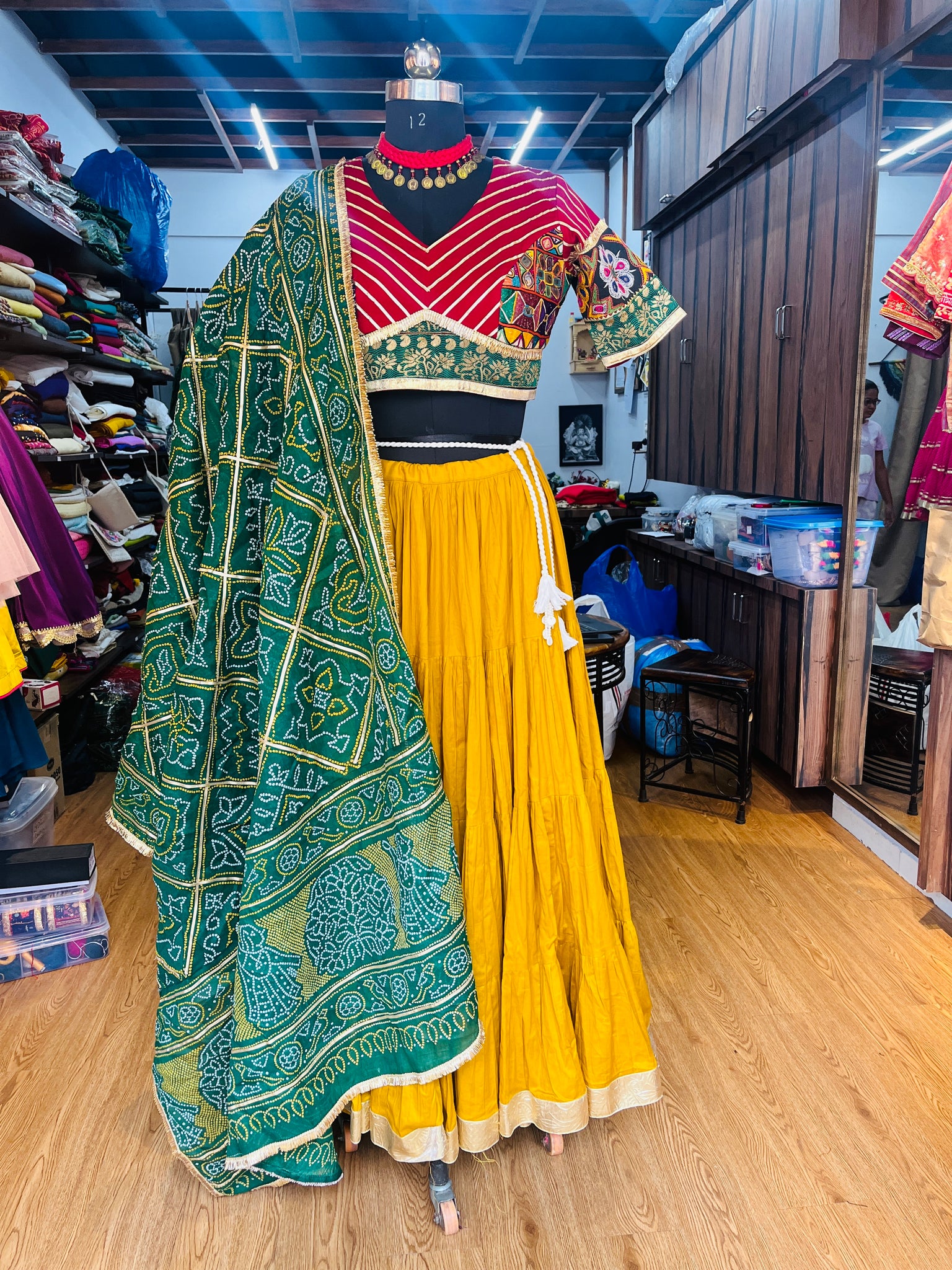 MAROON AND MUSTARD, GREEN BANDHANI CHANIYA CHOLI HANDMADEAHOLIC BY MISHKA