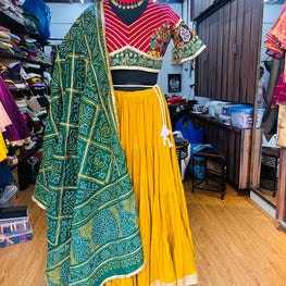 MAROON AND MUSTARD, GREEN BANDHANI CHANIYA CHOLI HANDMADEAHOLIC BY MISHKA