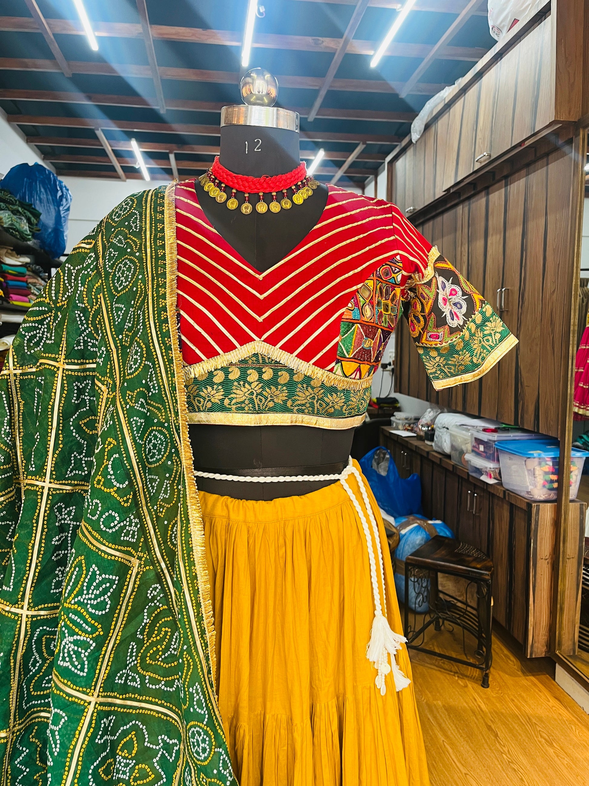 MAROON AND MUSTARD, GREEN BANDHANI CHANIYA CHOLI HANDMADEAHOLIC BY MISHKA