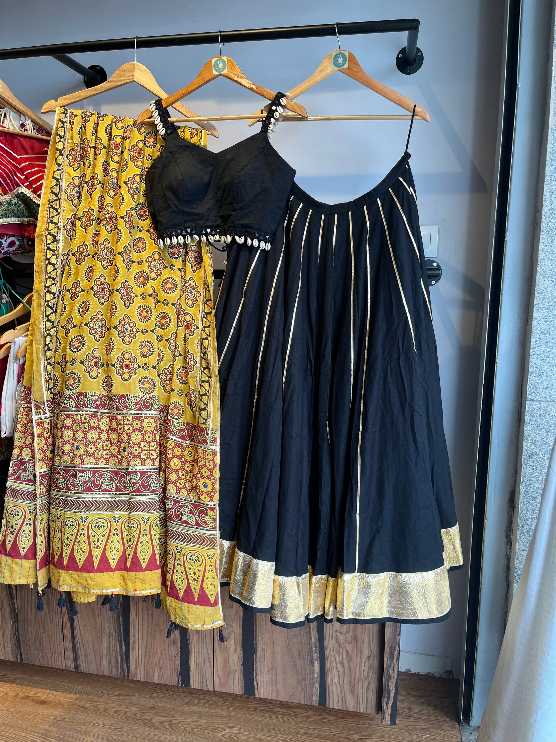 YELLOW AJRAKH DUPATTA WITH BLACK CHANIYA CHOLI HANDMADEAHOLIC BY MISHKA
