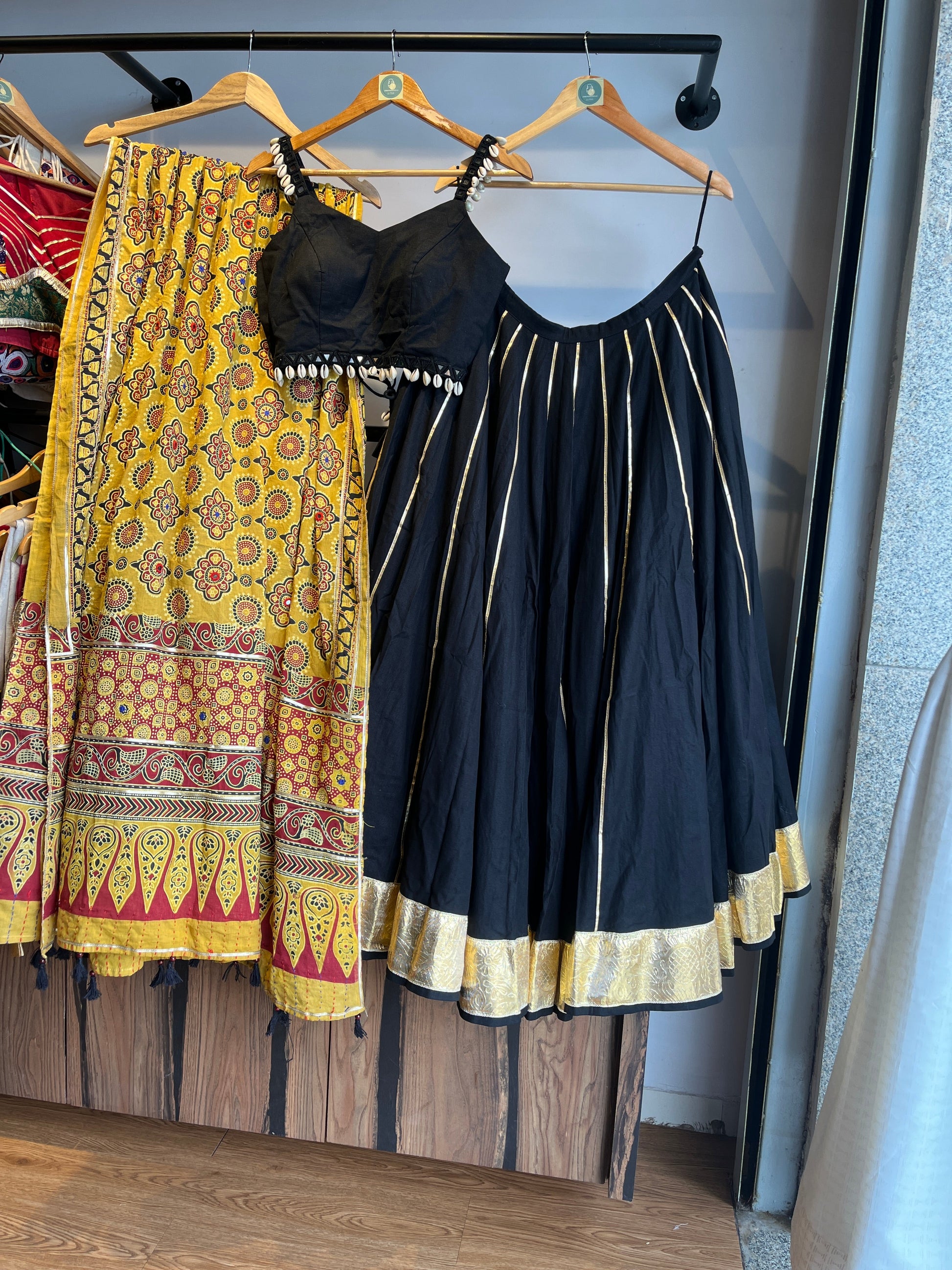 YELLOW AJRAKH DUPATTA WITH BLACK CHANIYA CHOLI HANDMADEAHOLIC BY MISHKA