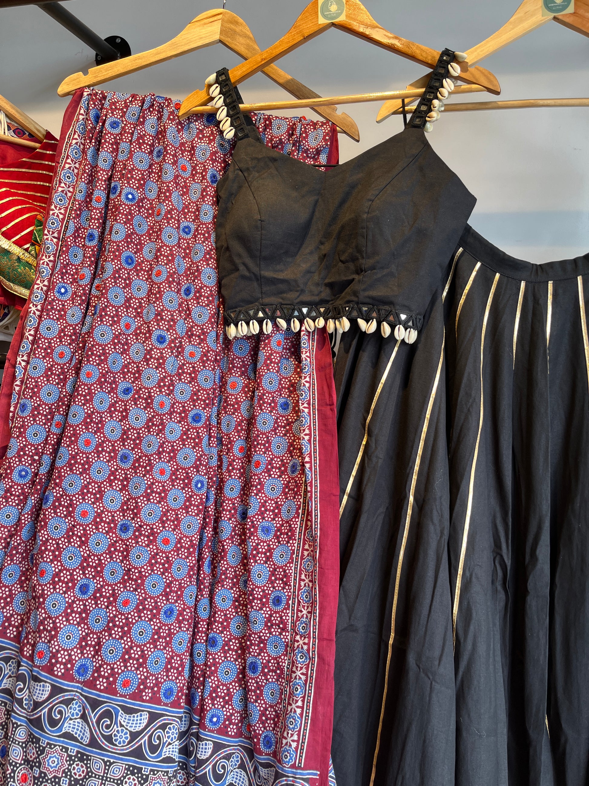 MAROON AJRAKH DUPATTA WITH BLACK CHANIYA CHOLI HANDMADEAHOLIC BY MISHKA