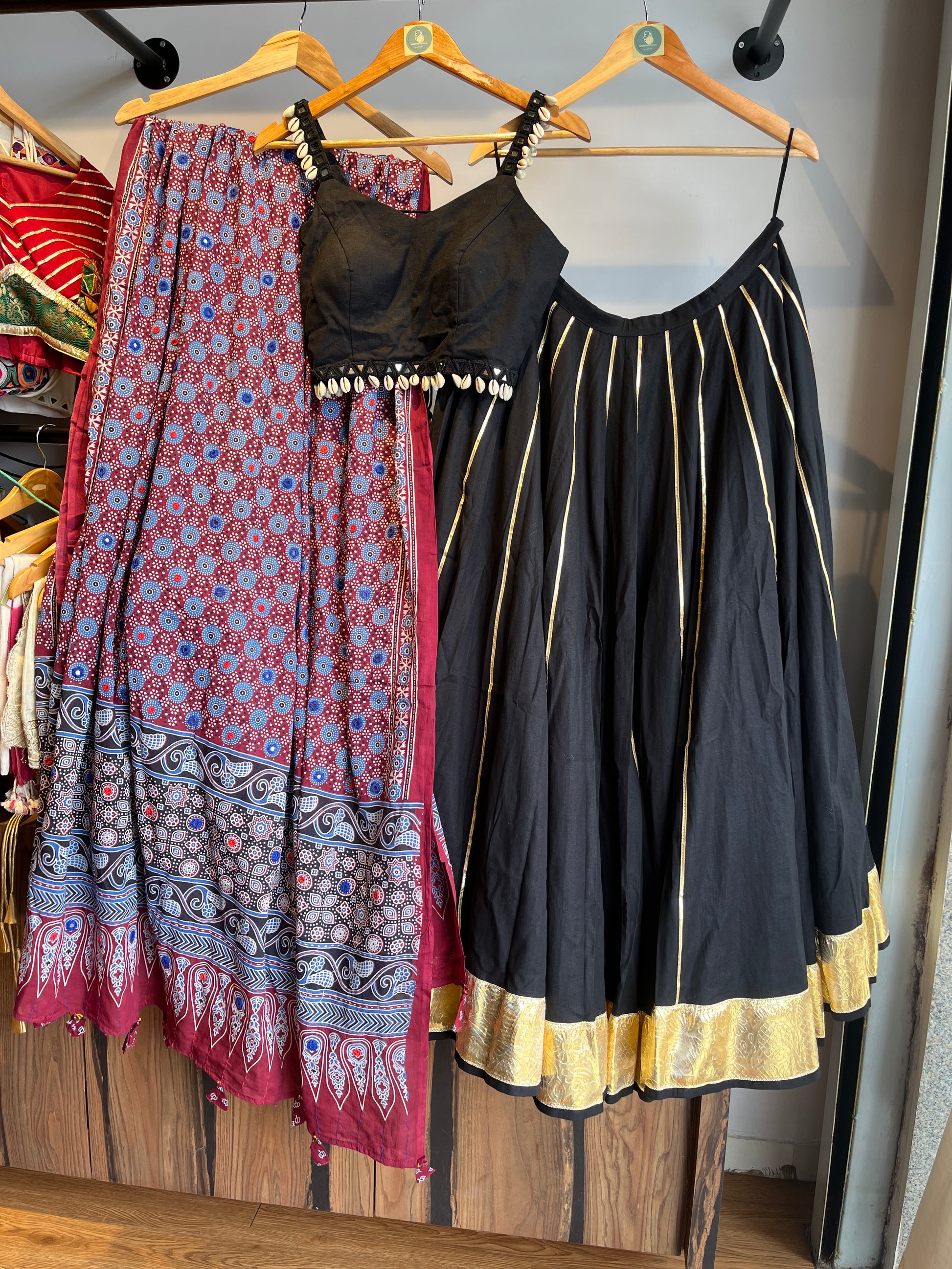 MAROON AJRAKH DUPATTA WITH BLACK CHANIYA CHOLI HANDMADEAHOLIC BY MISHKA