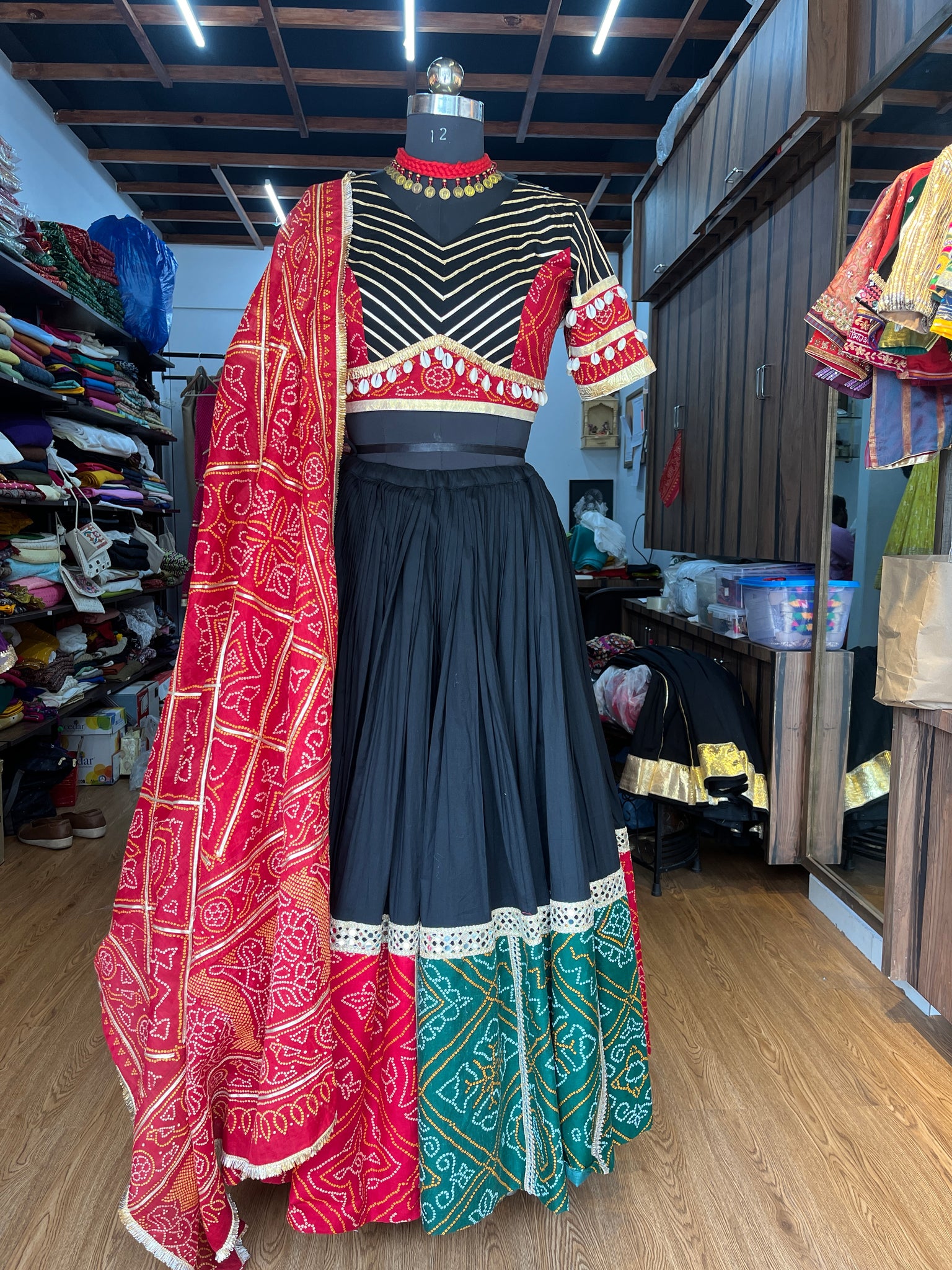 RED AND GREEN CHANIYA CHOLI WITH RED BANDHNI DUPPTA HANDMADEAHOLIC BY MISHKA