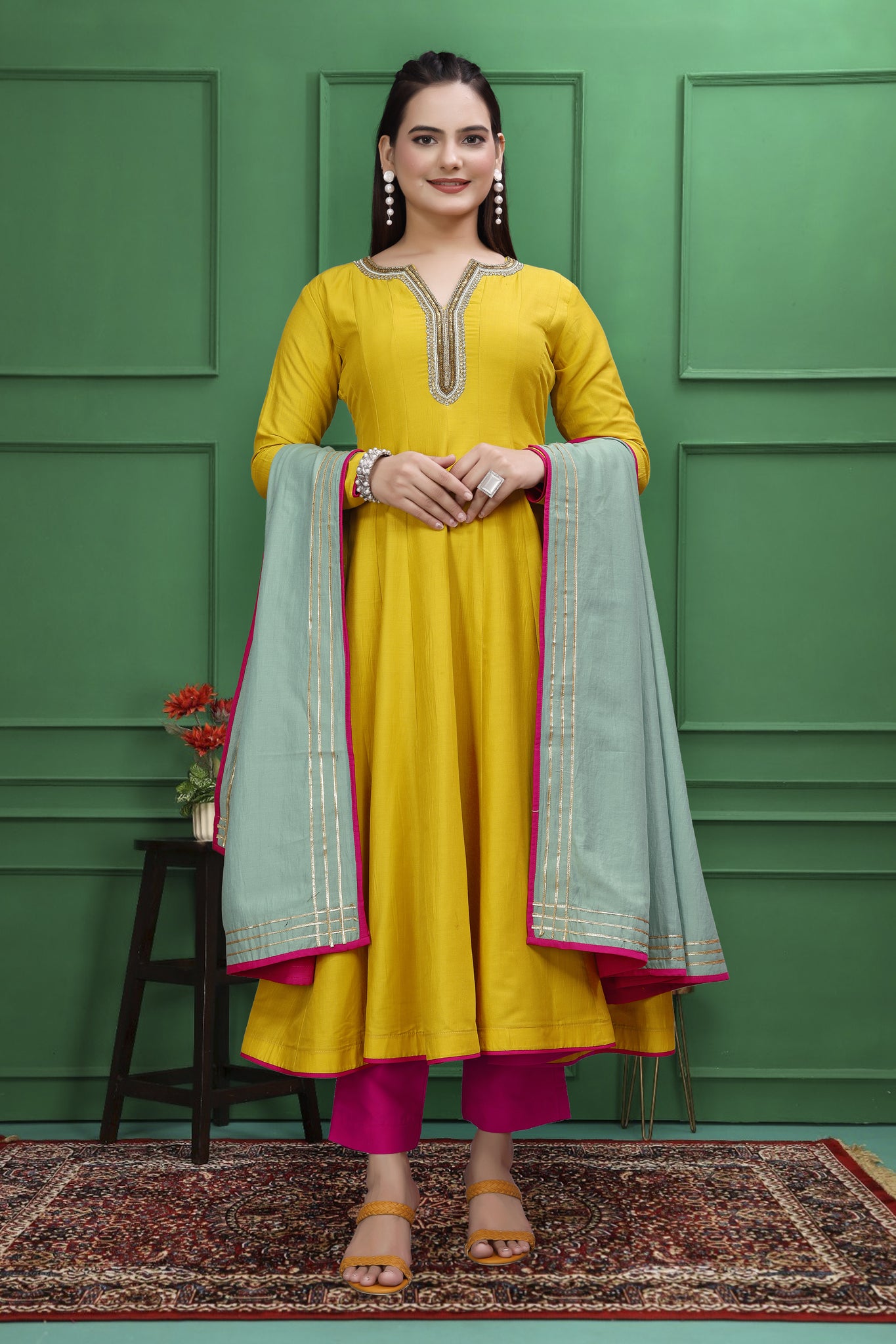 YELLOW AND PINK HANDWORK ANARKALI SUIT SET