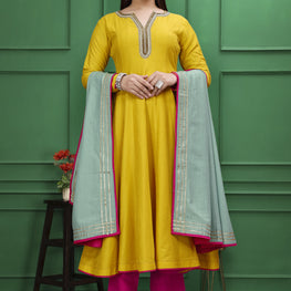 YELLOW AND PINK HANDWORK ANARKALI SUIT SET