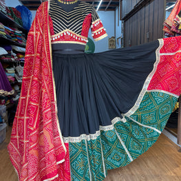 RED AND GREEN CHANIYA CHOLI WITH RED BANDHNI DUPPTA HANDMADEAHOLIC BY MISHKA