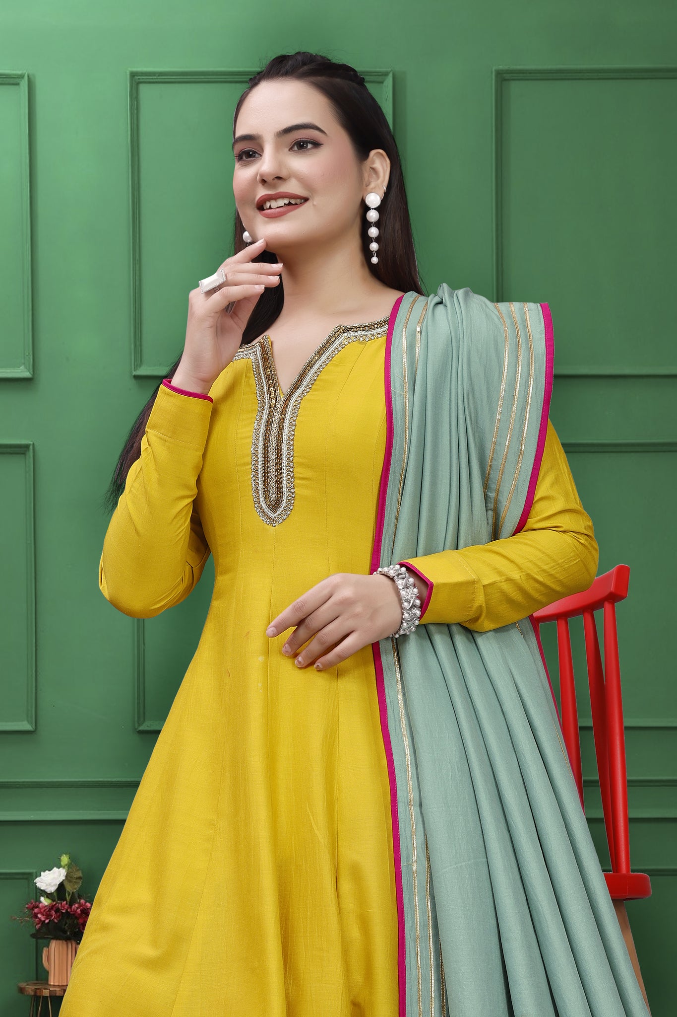 YELLOW AND PINK HANDWORK ANARKALI SUIT SET