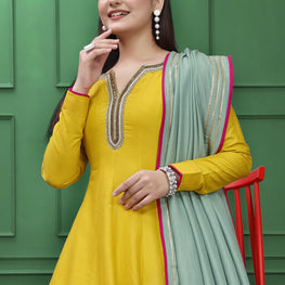 YELLOW AND PINK HANDWORK ANARKALI SUIT SET