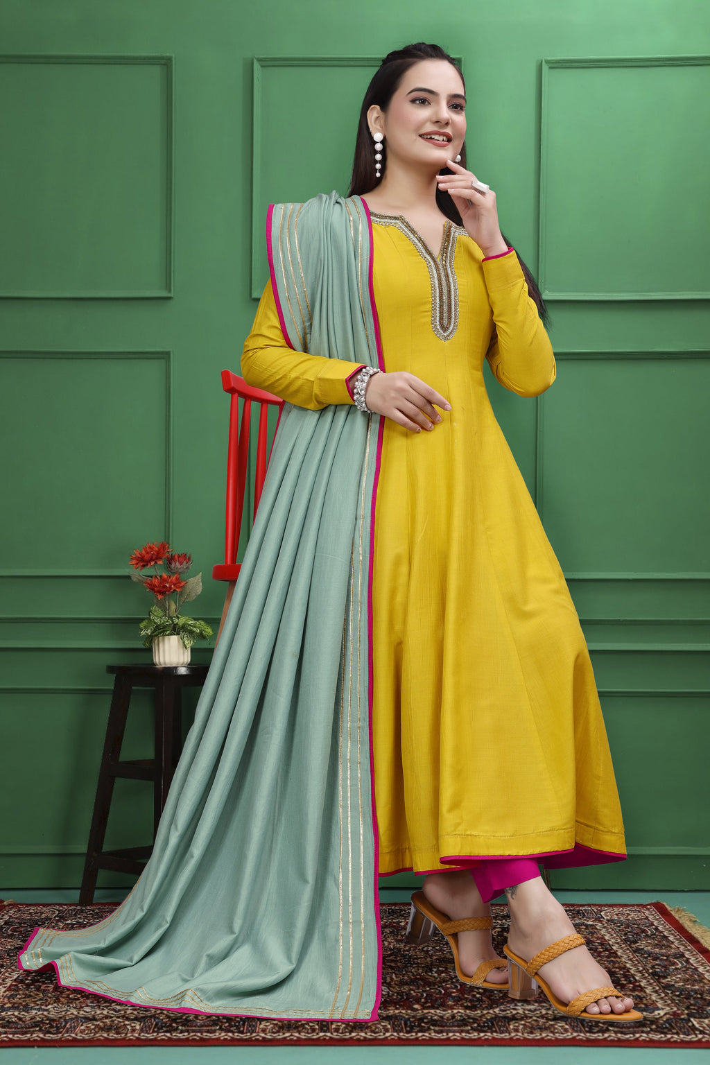 YELLOW AND PINK HANDWORK ANARKALI SUIT SET HANDMADEAHOLIC BY MISHKA