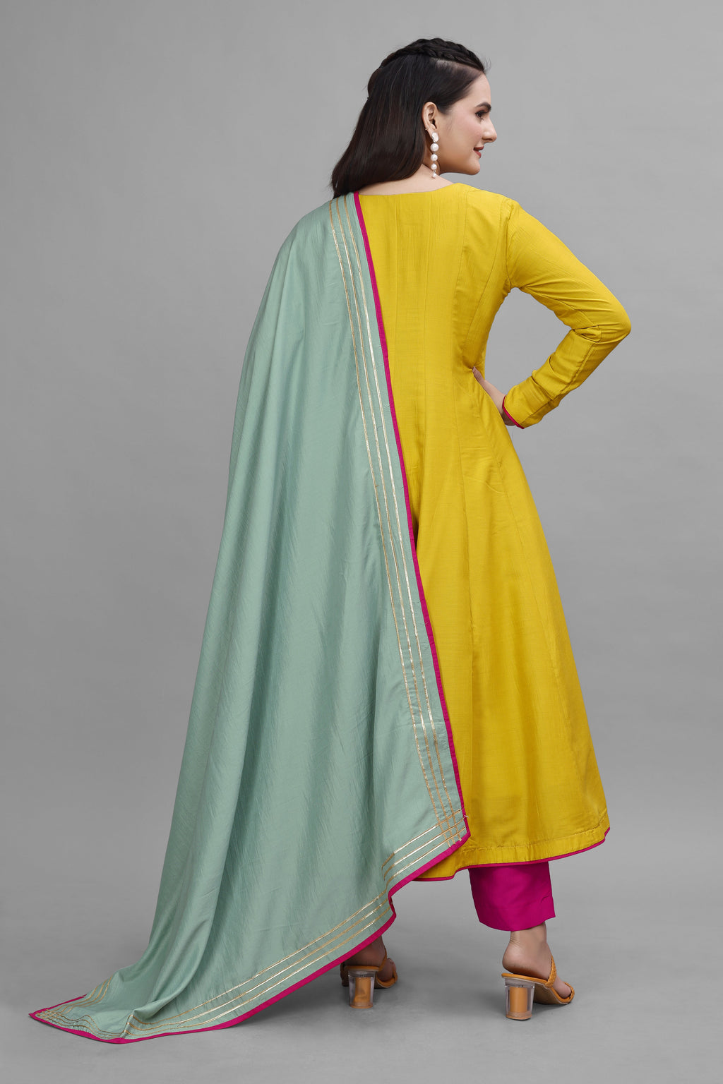 YELLOW AND PINK HANDWORK ANARKALI SUIT SET HANDMADEAHOLIC BY MISHKA