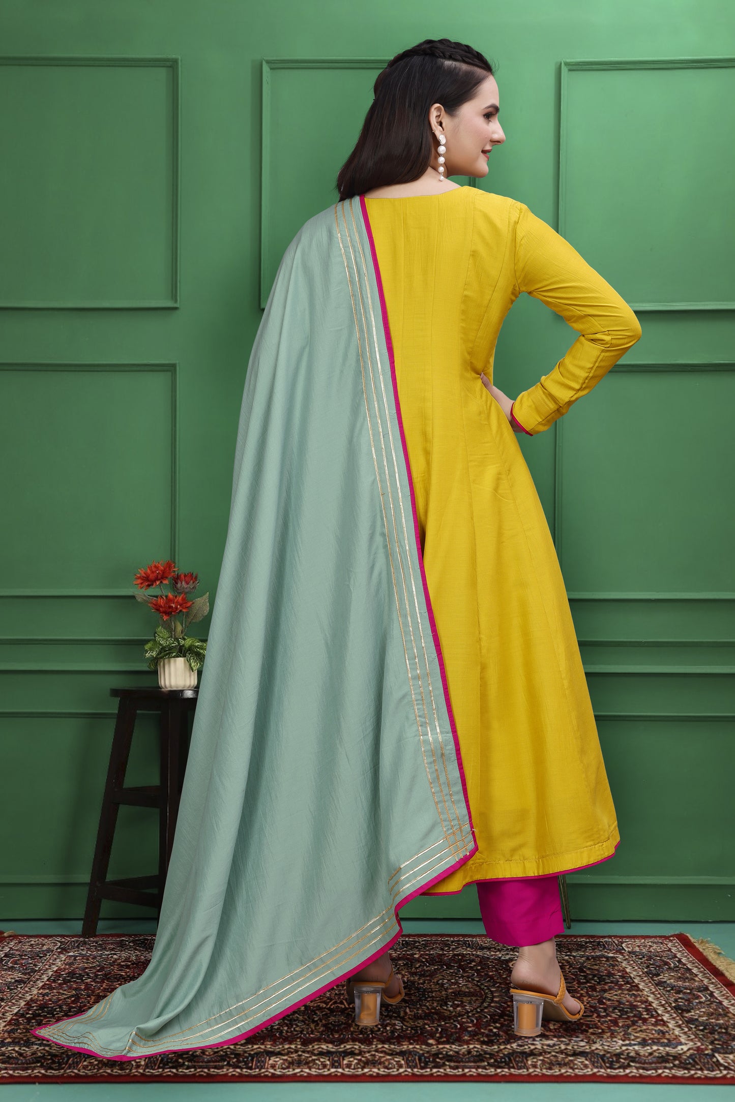 YELLOW AND PINK HANDWORK ANARKALI SUIT SET