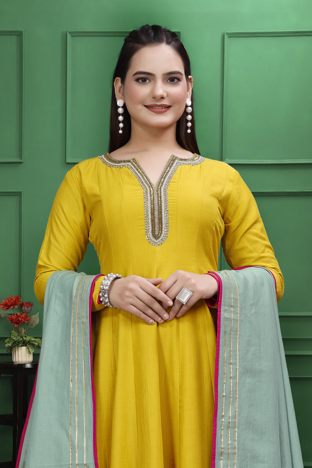 YELLOW AND PINK HANDWORK ANARKALI SUIT SET HANDMADEAHOLIC BY MISHKA