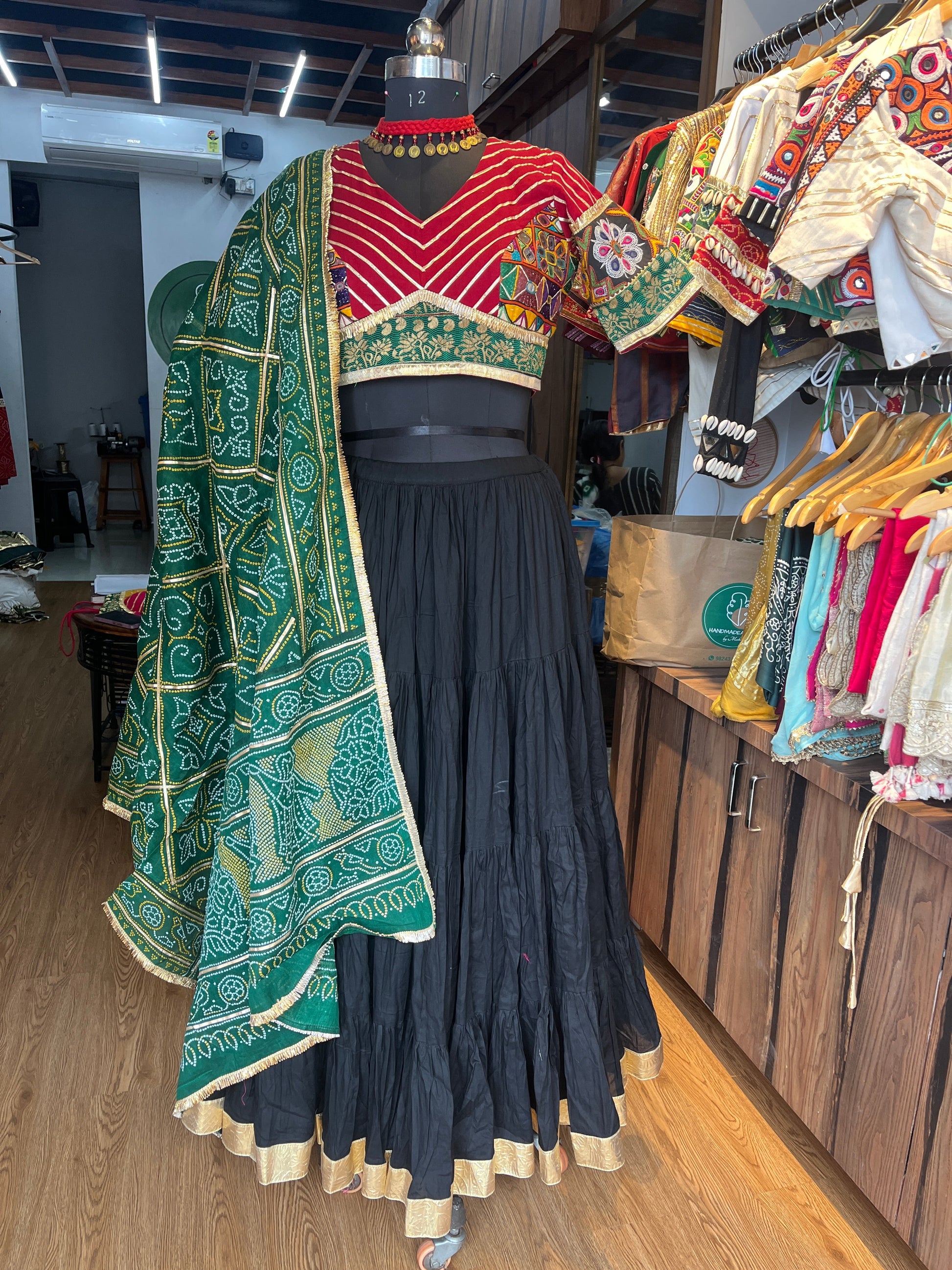 MAROON AND BLACK, GREEN BANDHANI CHANIYA CHOLI HANDMADEAHOLIC BY MISHKA