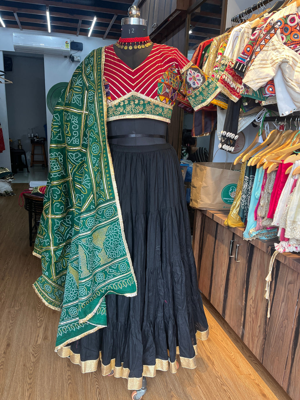 MAROON AND BLACK, GREEN BANDHANI CHANIYA CHOLI HANDMADEAHOLIC BY MISHKA